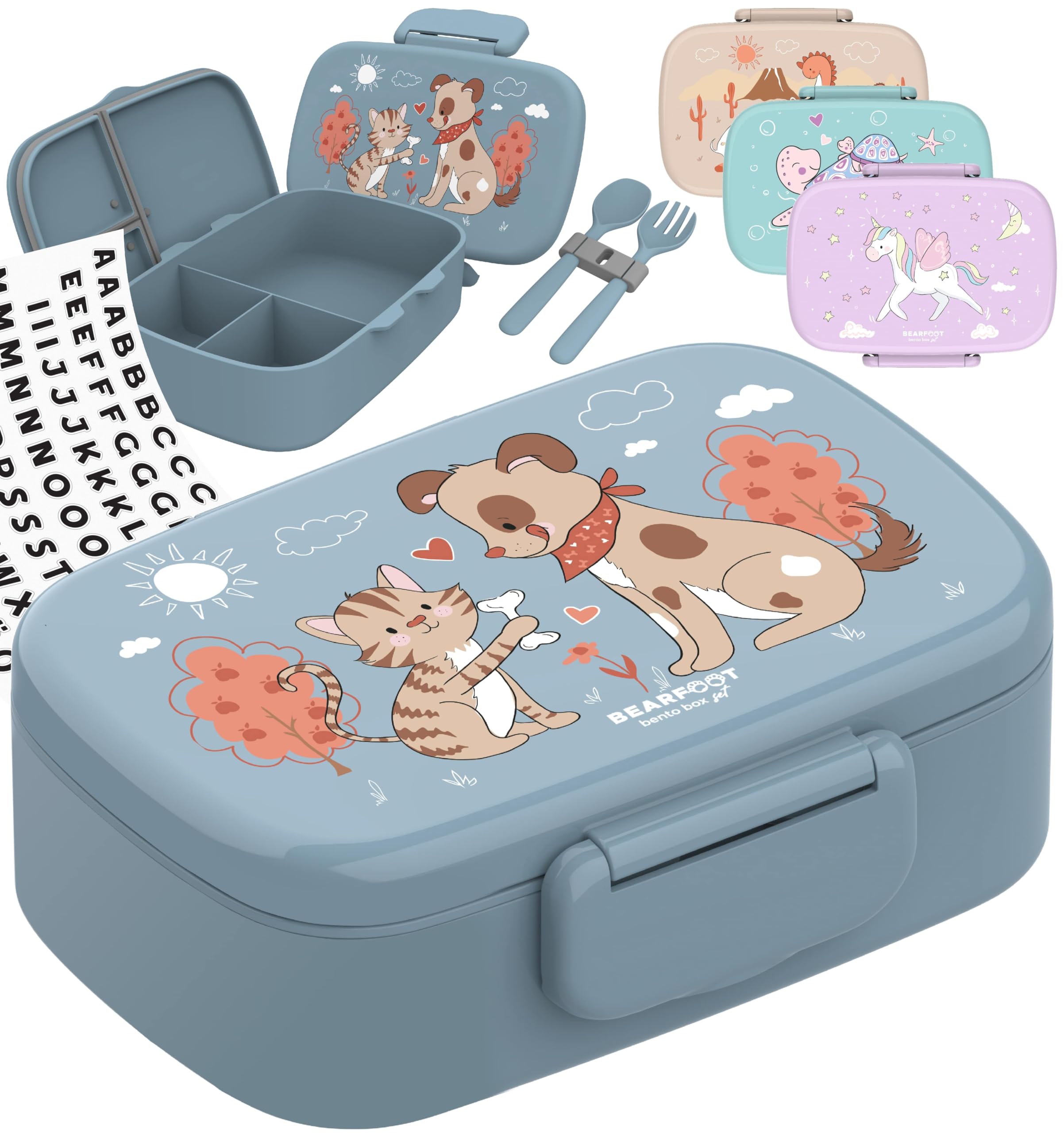 BEARFOOT Brotdose Kinder mit Fächern, BPA frei, Lunchbox, Bento box, Brotbox, Brotdose Mädchen & Jungen, Snackbox, 100% auslaufsicher, Vesperbox für Kindergarten, Schule (Hund&Katze-blau)