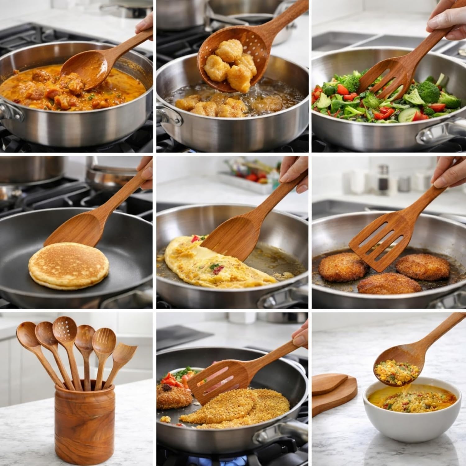 Wooden Cooking Utensil Set of 9 – Natural Mango Wood Kitchen Tools with Holder & Spoon Rest | Nonstick Safe, Heat-Resistant, Eco-Friendly Wooden Spoons & Spatulas for Cooking & Serving - Image 5