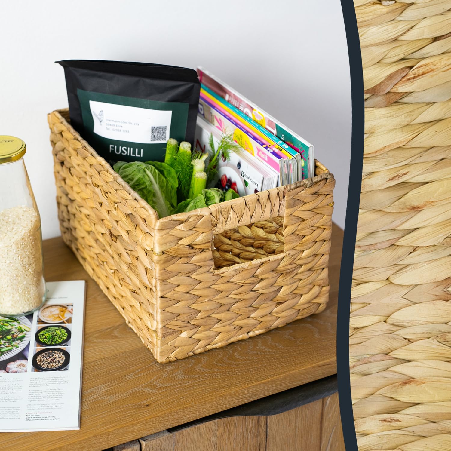HMF Cesta de almacenaje trenzada organizadora de jacinto de agua, cesta decorativa con asas para baño, cocina, salón y estantería | Juego de 4 | Tamaño M | 32 x 23 x 20 cm | Natural