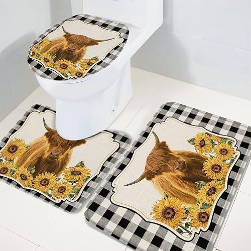 Miniatura 3 de Bathroom Rugs Sets 3 Piece Bath Mat,Farm Highland Cattle Sunflower Soft Non-Slip Bath Rug Set,Absorbent Shower Rugs Toilet Seat Cover U-Shaped