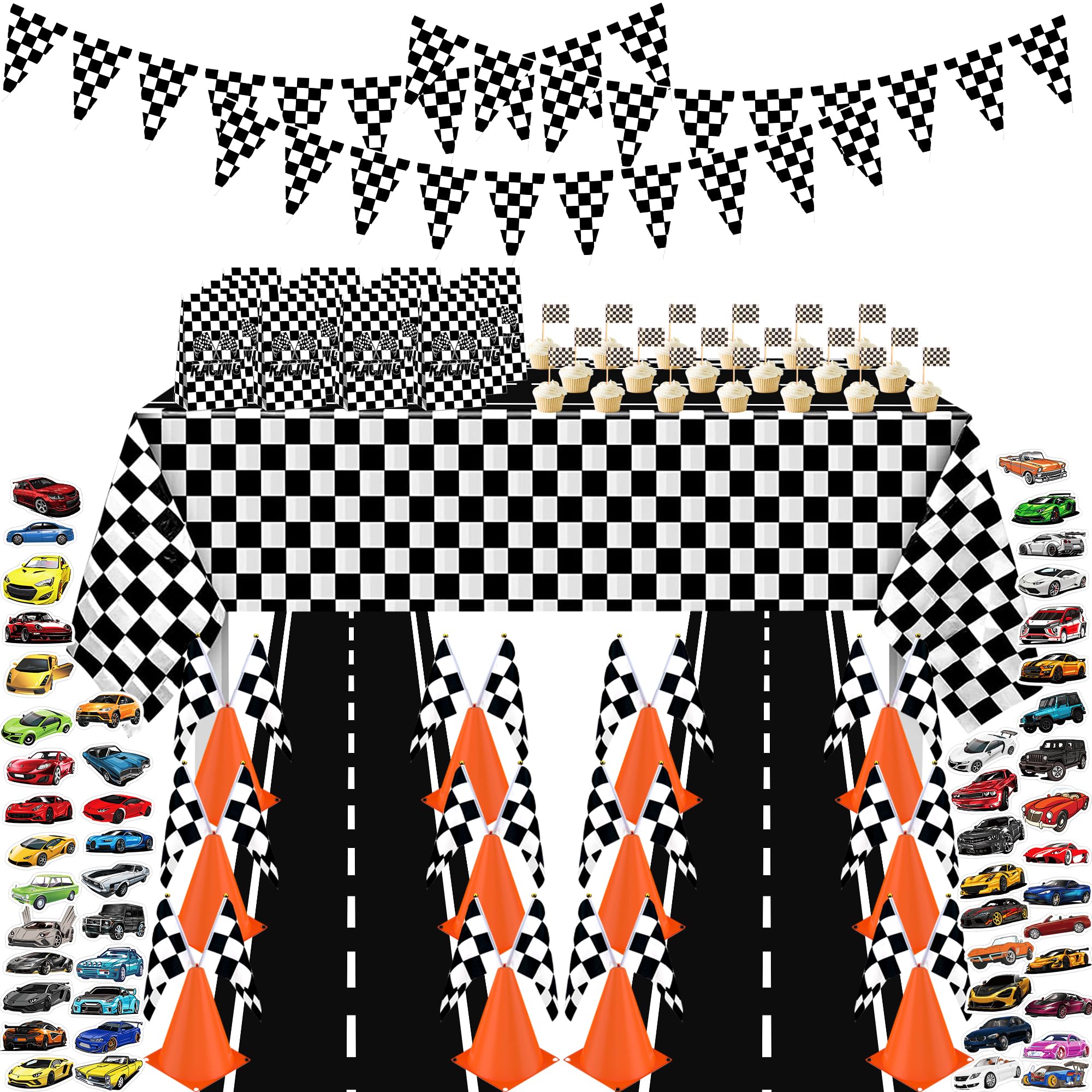 Racing Party Decoration Includes Traffic Cones Checkered Flags Tablecloth Balloons Triangle Banner Racetrack Floor Runner Cupcakes Topper Goodie Bags