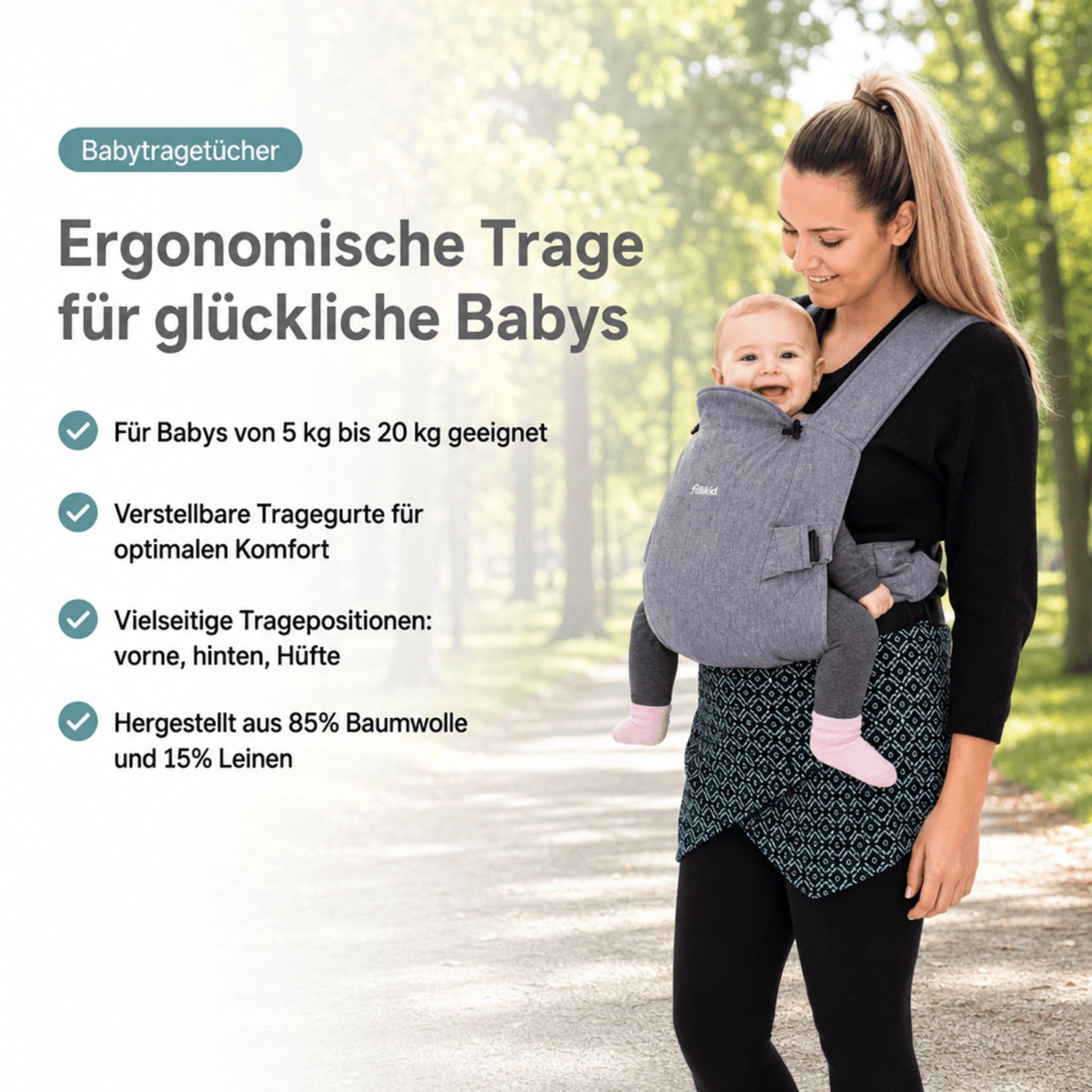 Fillikid Bauchtrage, ergonomische Babytrage | Inkl. Kopf- & Nackenstütze, Rückentrage für Säuglinge & Kleinkinder, 5-20kg