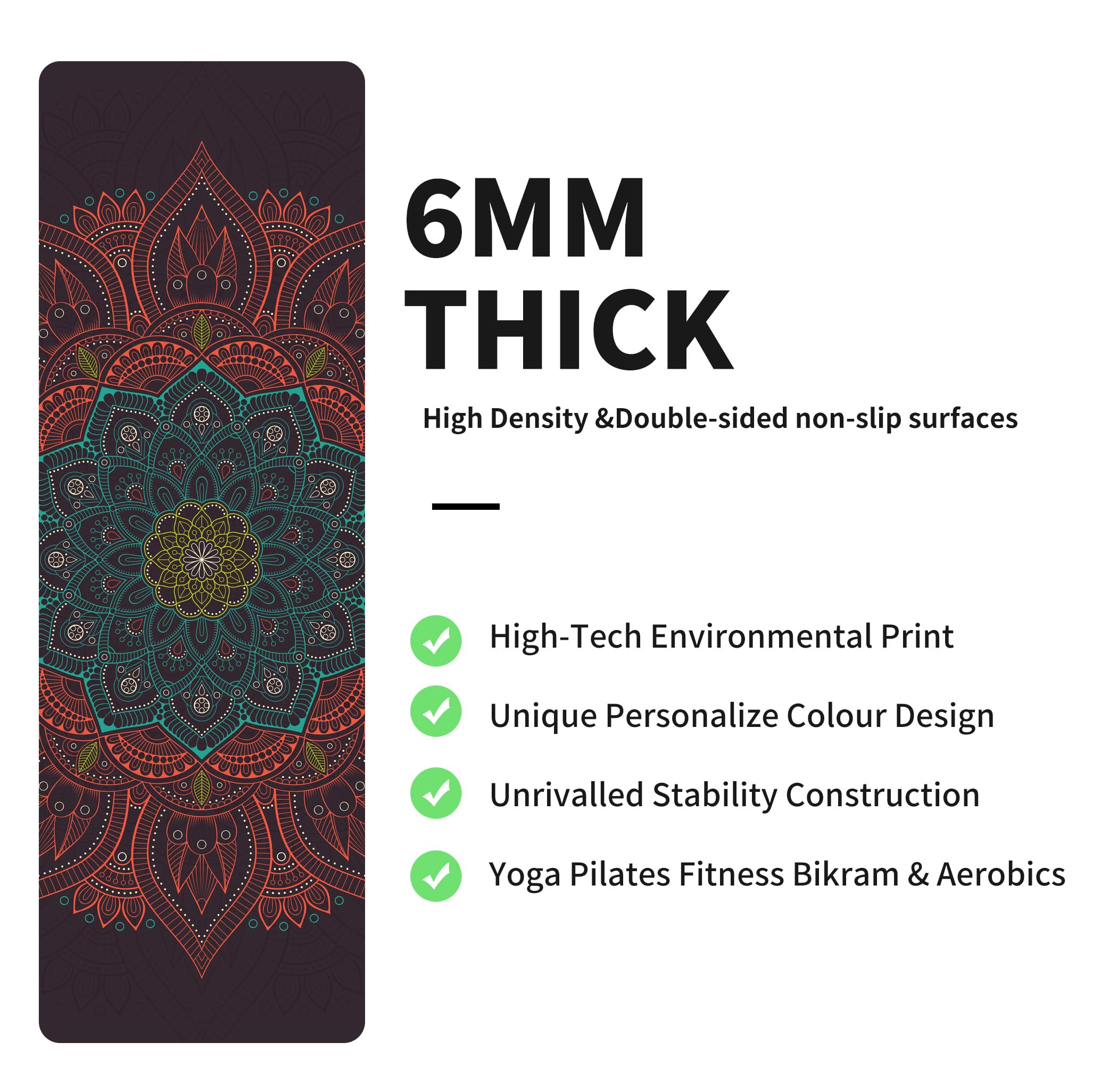 nuveti - Esterilla de yoga con estampado de elastómero termoplástico extragruesa y antideslizante, con bolsa de transporte, 182 x 61 cm, extragruesa, 6 mm, para yoga, pilates, fitness y ejercicios de