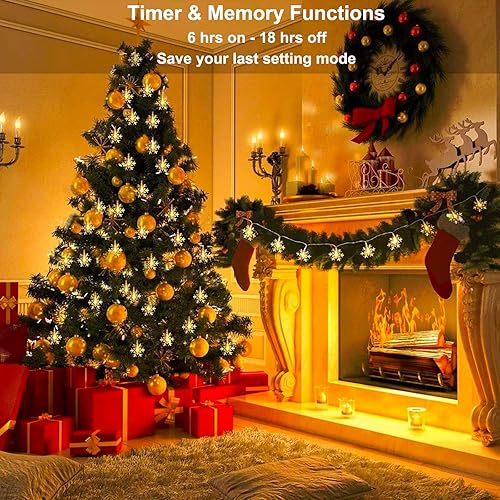 Miniatura 5 de BrizLabs Luces de copo de nieve, 40 luces LED de Navidad de 16.08 pies con control remoto, cadena de luces parpadeantes de copo de nieve funciona