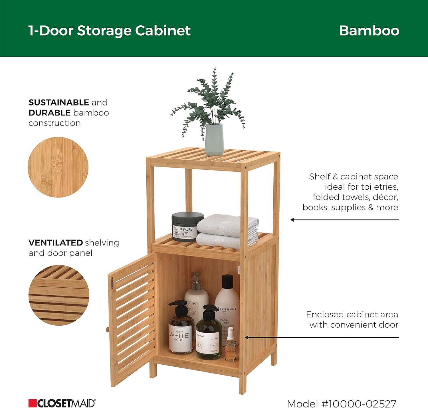 Natural Bamboo 1-Door Storage Cabinet with Shelves