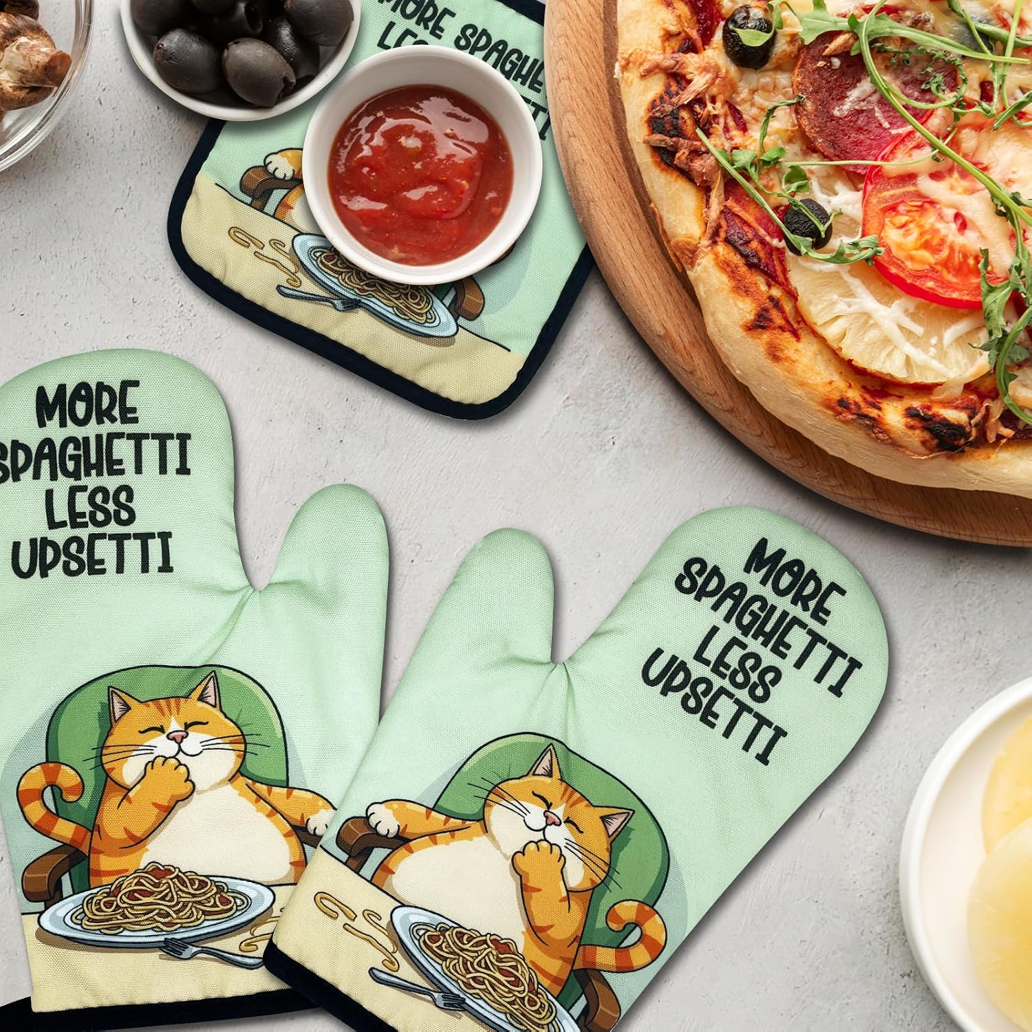 Cute Cat Oven Mitts and Pot Holders Set of 3, More Spaghetti Less Upsetti, Heat Resistant Non-Slip Kitchen Mitts Hot Pads, Spaghetti Lovers Gifts, Housewarming Gifts for Hostess Chef Friend