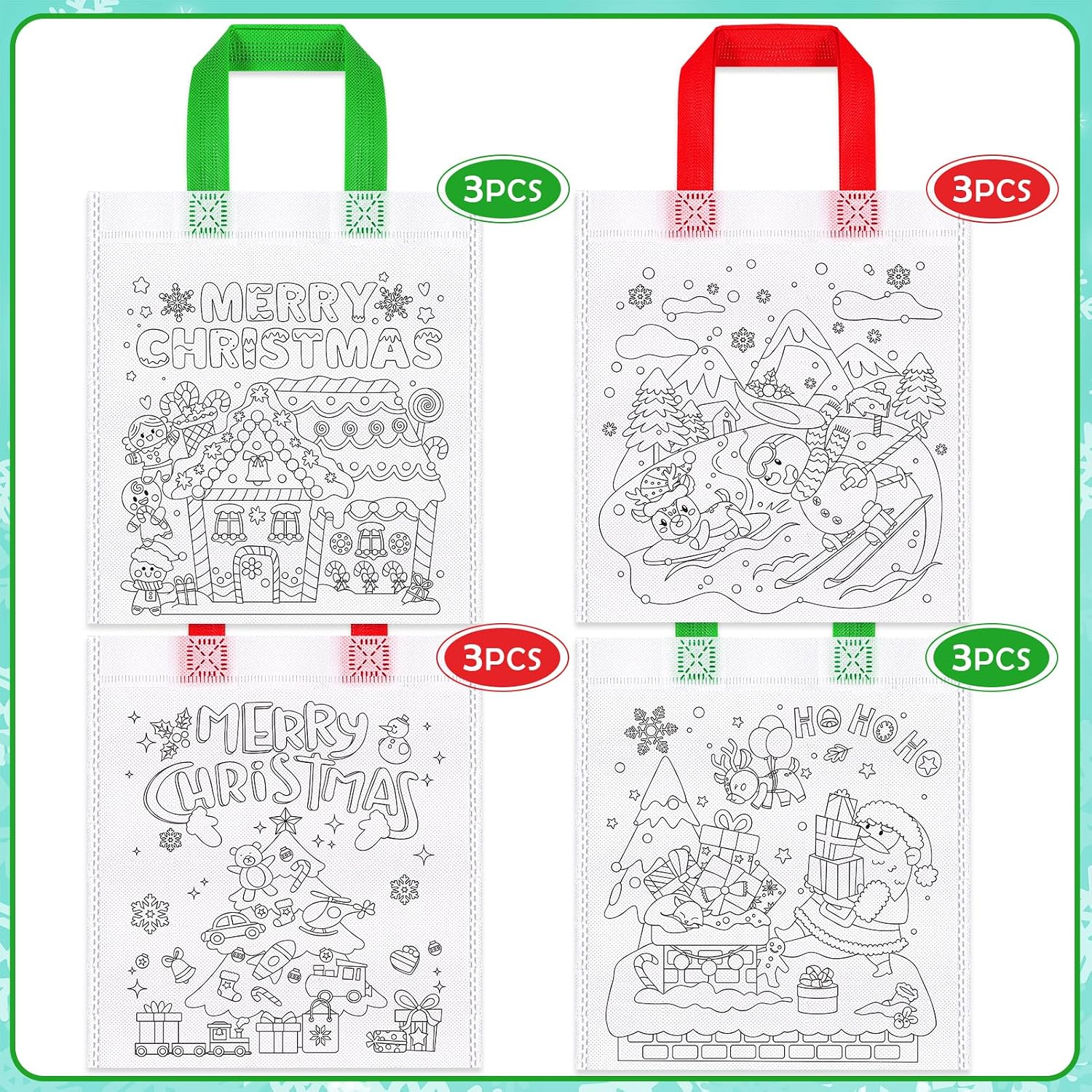 HOWAF 12pcs Christmas Color Your Own Bag, Christmas Coloring Goodie Bags for Kids with Markers, Xmas Reusable Party Favor Bags for Holiday DIY Painting, Santa Snowman Elk Coloring Bag