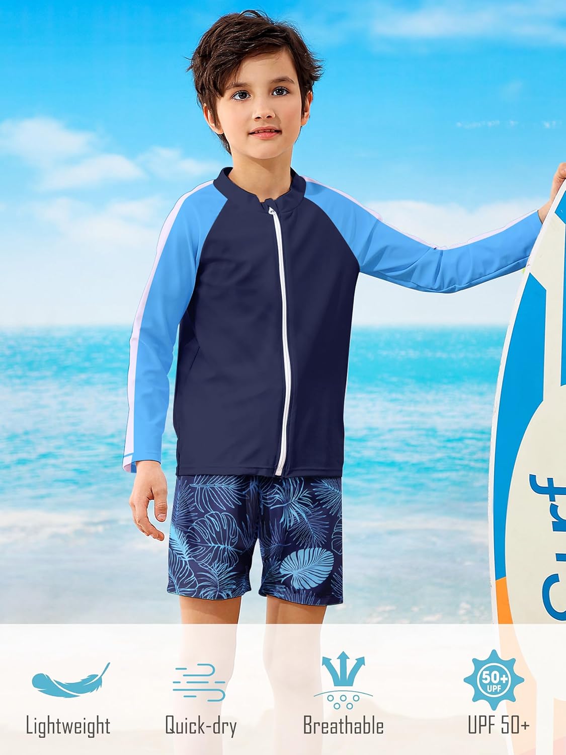 Boys Two Piece Swim Set Zipper Rash Guard Swimsuits Long Sleeve Bathing Suit for 4-12 Years - Image 6
