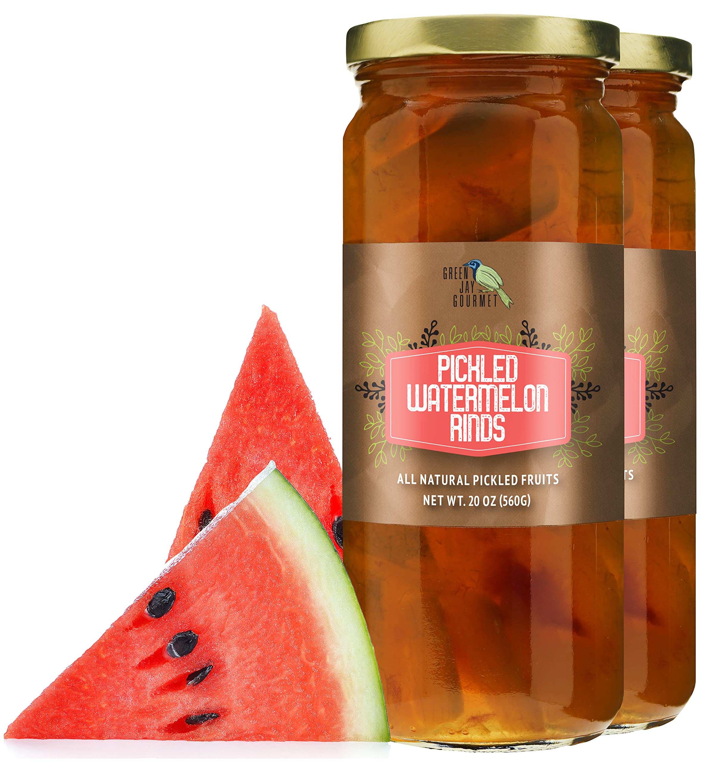 Green Jay Gourmet Pickled Watermelon Rinds in a Jar - Fresh Hand Jarred Fruit for Cooking & Pantry – Home Grown Pre-Prepared Pickled Watermelon – Simple Ingredients - 2 x 20 Ounces