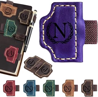 Artlaza Personalized Magnetic Leather Bookmark with Pen Holder - 26 Letters Custom Book Mark with Name Initial Engraved Book Marker for Readers, Book Lovers, Travelers - Gift for Women & Men(Purple，N