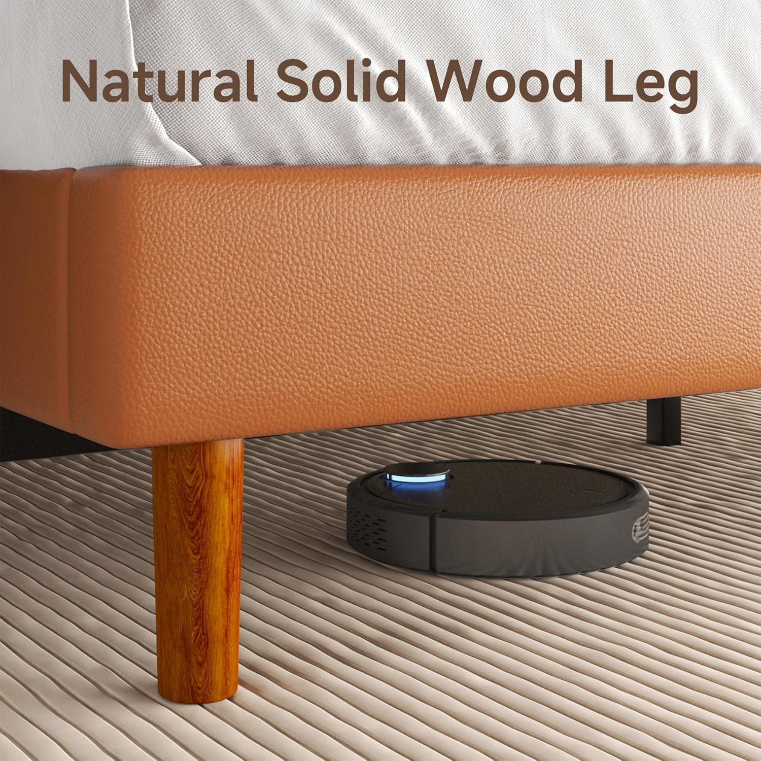 Queen Upholstered Platform Bed Frame with Headboard, Faux Leather Modern Bed Frame with Wood Slat Support, No Box Spring Needed, Easy Assembly, Orange-Brown