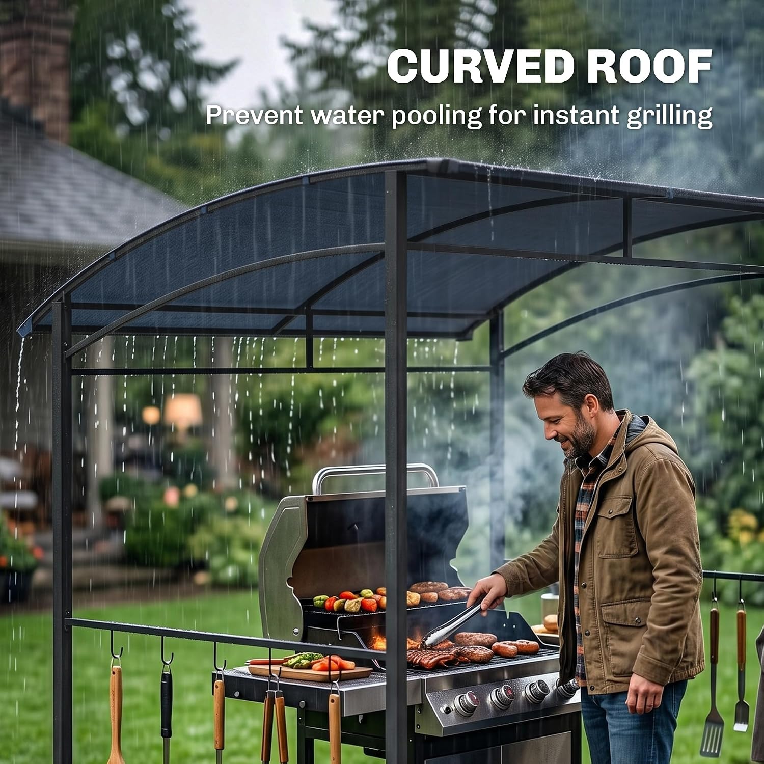 Curved roof of the gazebo preventing water pooling during rain