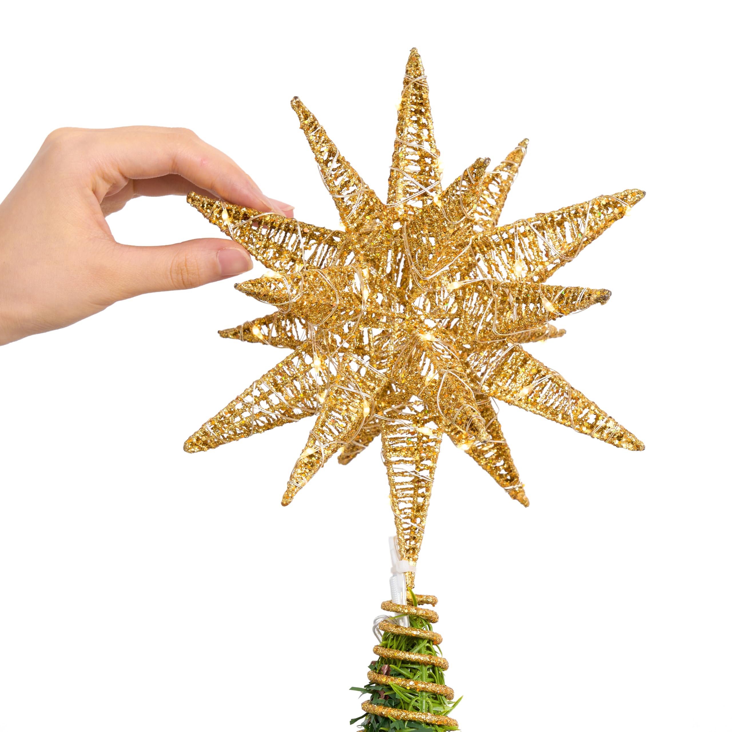JOIEDOMI Cimier de sapin de Noël en métal 3D pailleté de 27,9 cm, blanc chaud, 36 LED avec prise minuteur, décoration de sapin de Noël, décoration d'intérieur