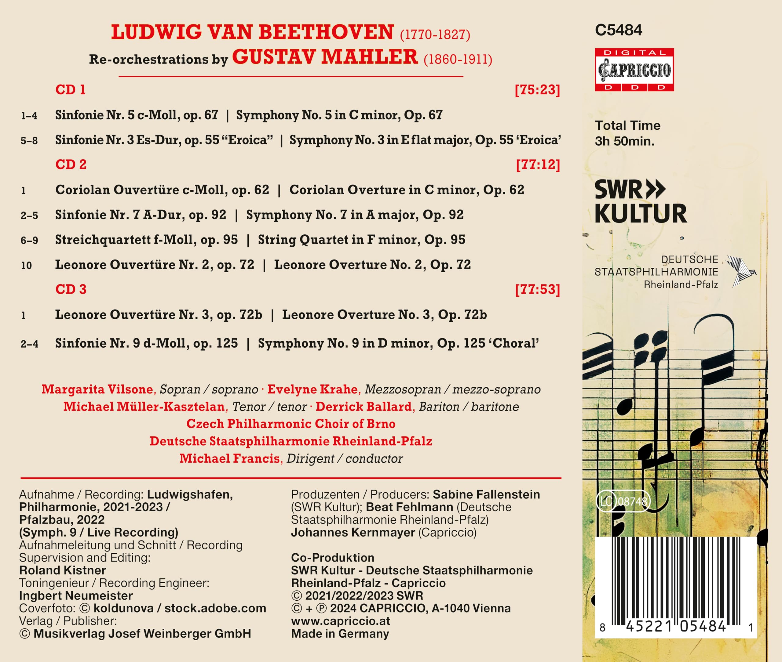Ludwig van Beethoven: Symphonies Nos. 3, 5, 7 & 9; Coriolan; Leonore Overtures; String Quartet Op. 95 - The Mahler Re-Orchestrations