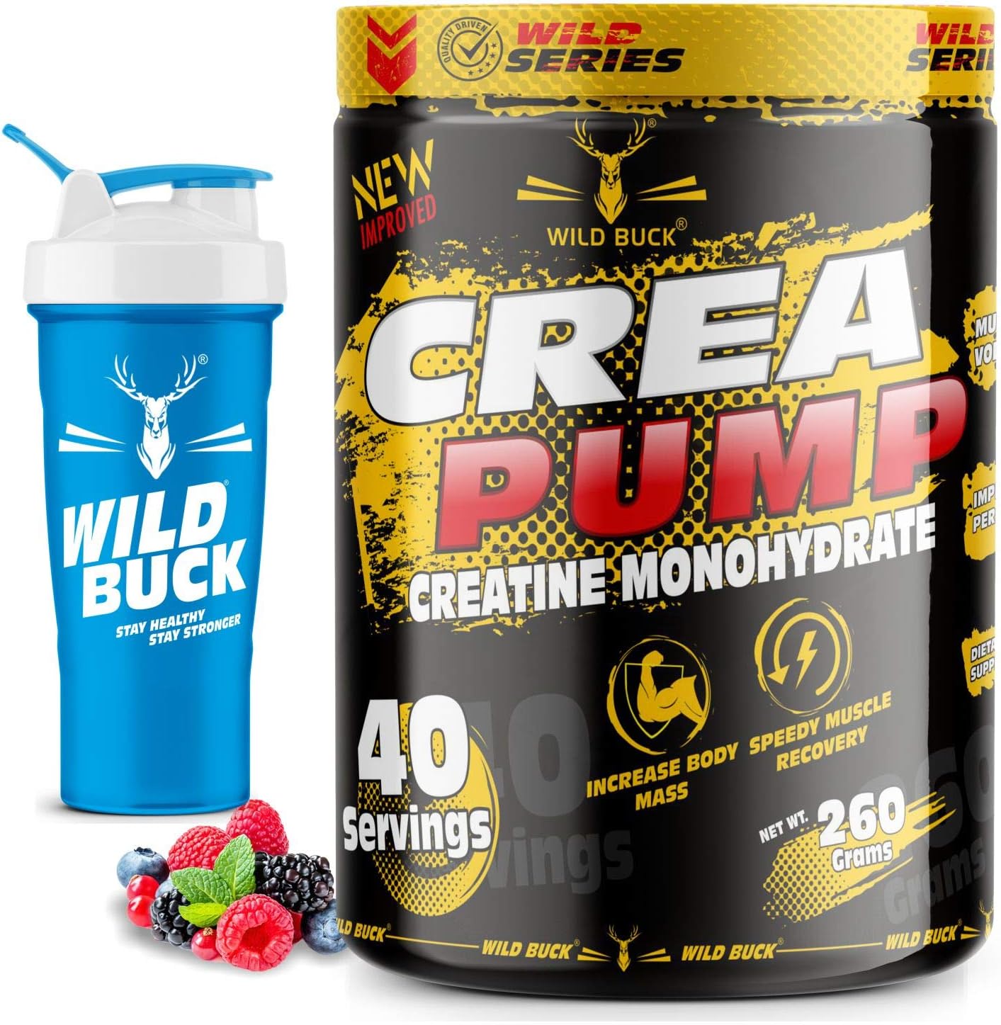WILD BUCK Crea Pump Zero Sugar, Zero Carbs, Zero Calories Pure Creatine Monohydrate Powder with Free Shaker Bottle (Pack of 40 Servings, Wild Berries)