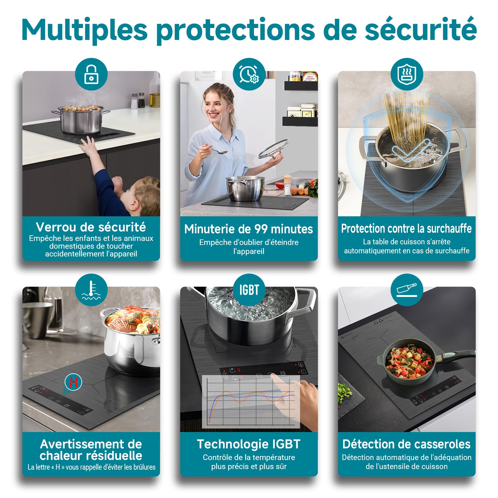AMZCHEF Plaque à induction 2 feux 3300W avec zones flexibles, verrouillage sécurité et minuterie