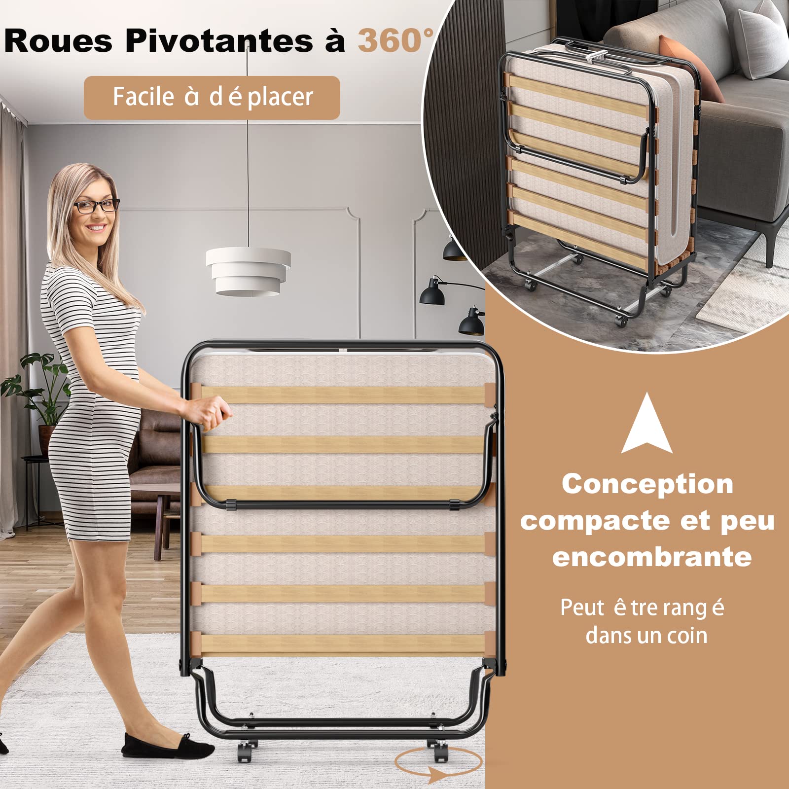 GOPLUS Lit Pliant 1 Personne 80x185CM, Lit Pliant Adulte avec Matelas en Mémoire 6,5 cm Orthopédique,Charge 136KG, Lit Pliable 1 Personne pour Invités et Othopédiques(Beige)