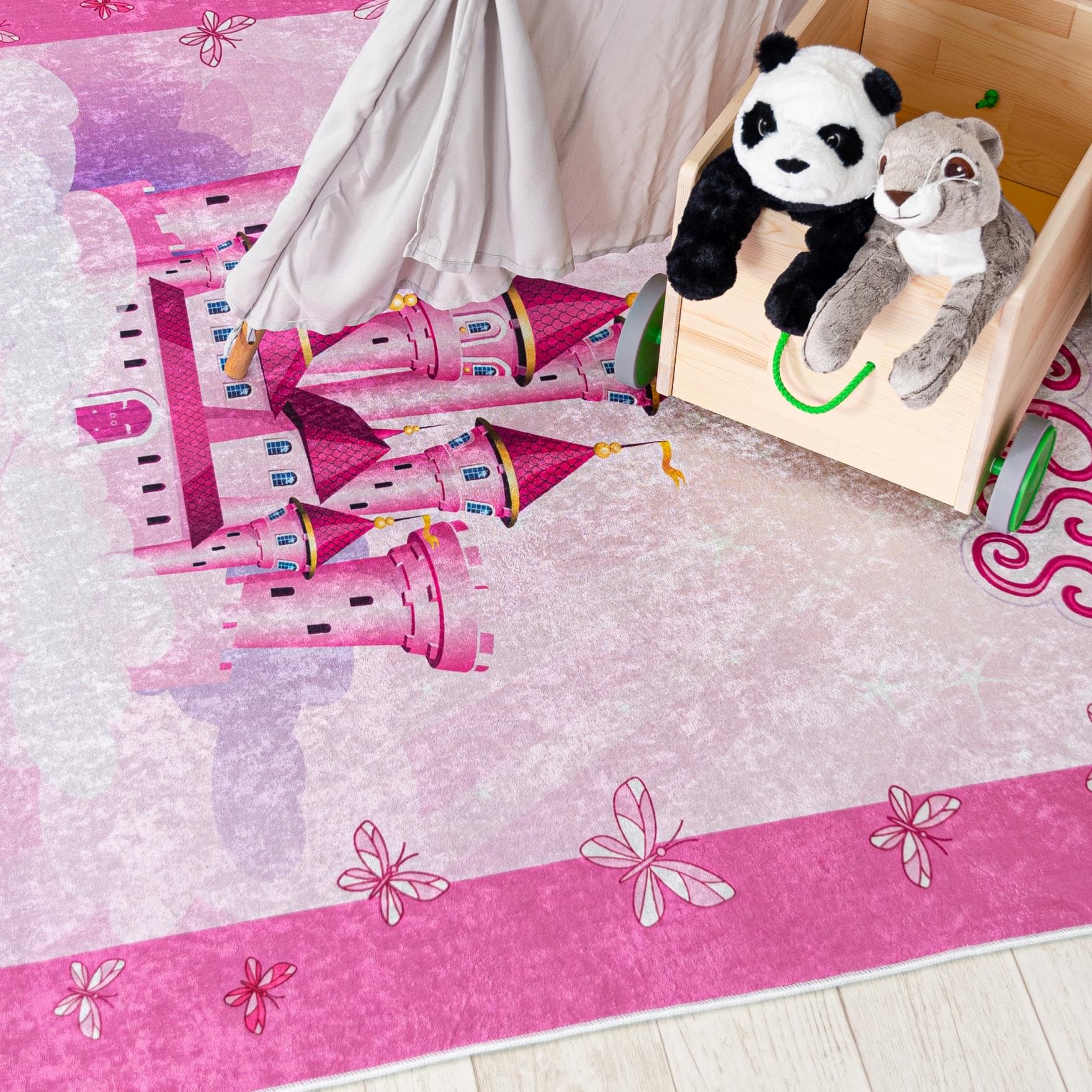 Mazovia Tappeto Salotto - Tapeto Stampato Pelo Corto - Morbido Tappeto Camera da Letto - Antiscivolo Tapeto EMMA - Tappeto Bambini Motivo Castello della Principessa - Rosa Pink 140x200cm