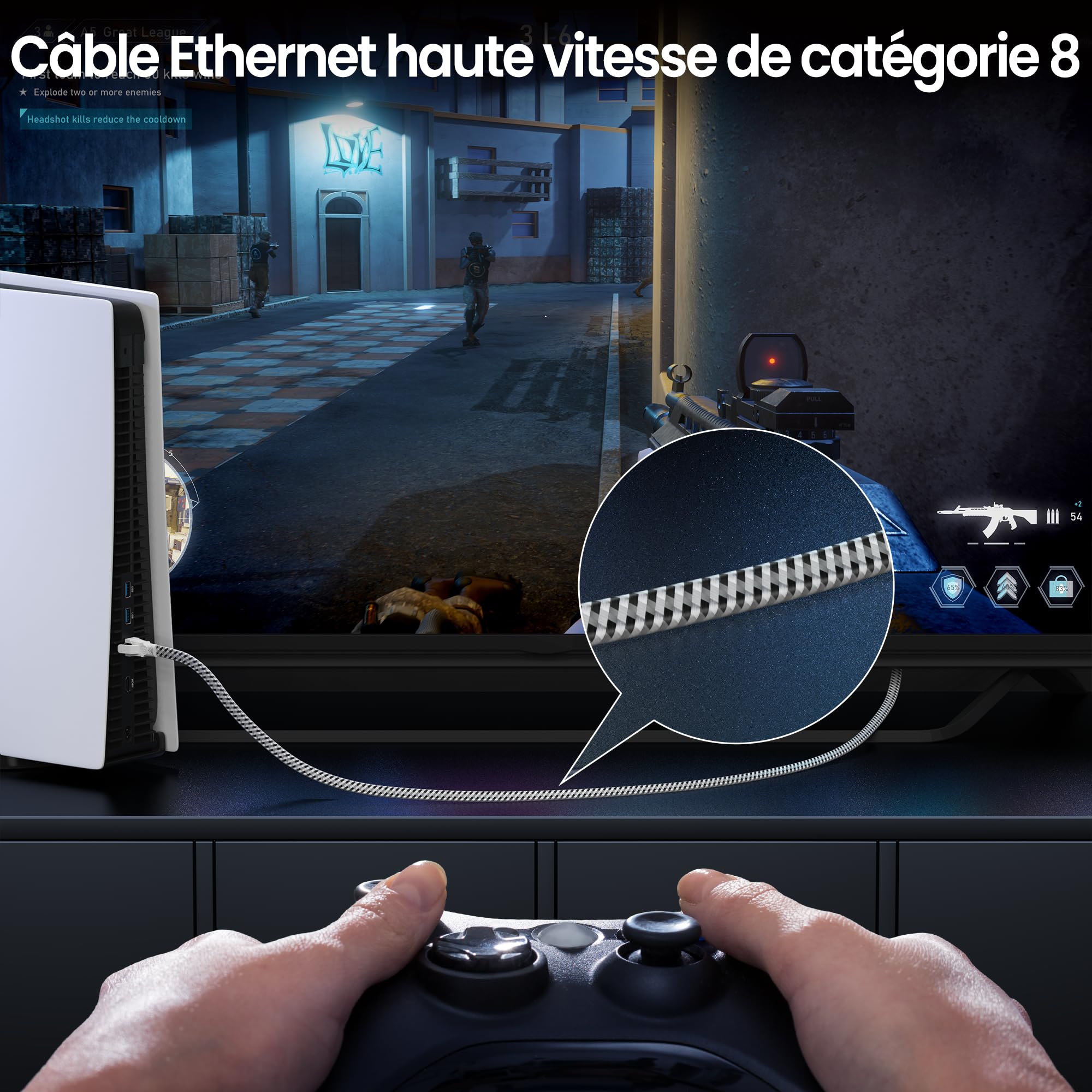 Digoloan Câble Ethernet réseau Cat 8 RJ45 20m Câble Internet Plat en Nylon 40Gbps 2000MHz Cordons de raccordement Gigabit blindés haute vitesse