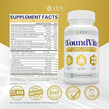 Zen Nutrients WoundVite Pre & Post Surgery Support, Scar & Wound Care, Scar Treatment, Plastic & General Surgery, Heal Faster & Aids in Recovery Time w/Bromelain, Turmeric & Arnica - 60 Vegan Caps