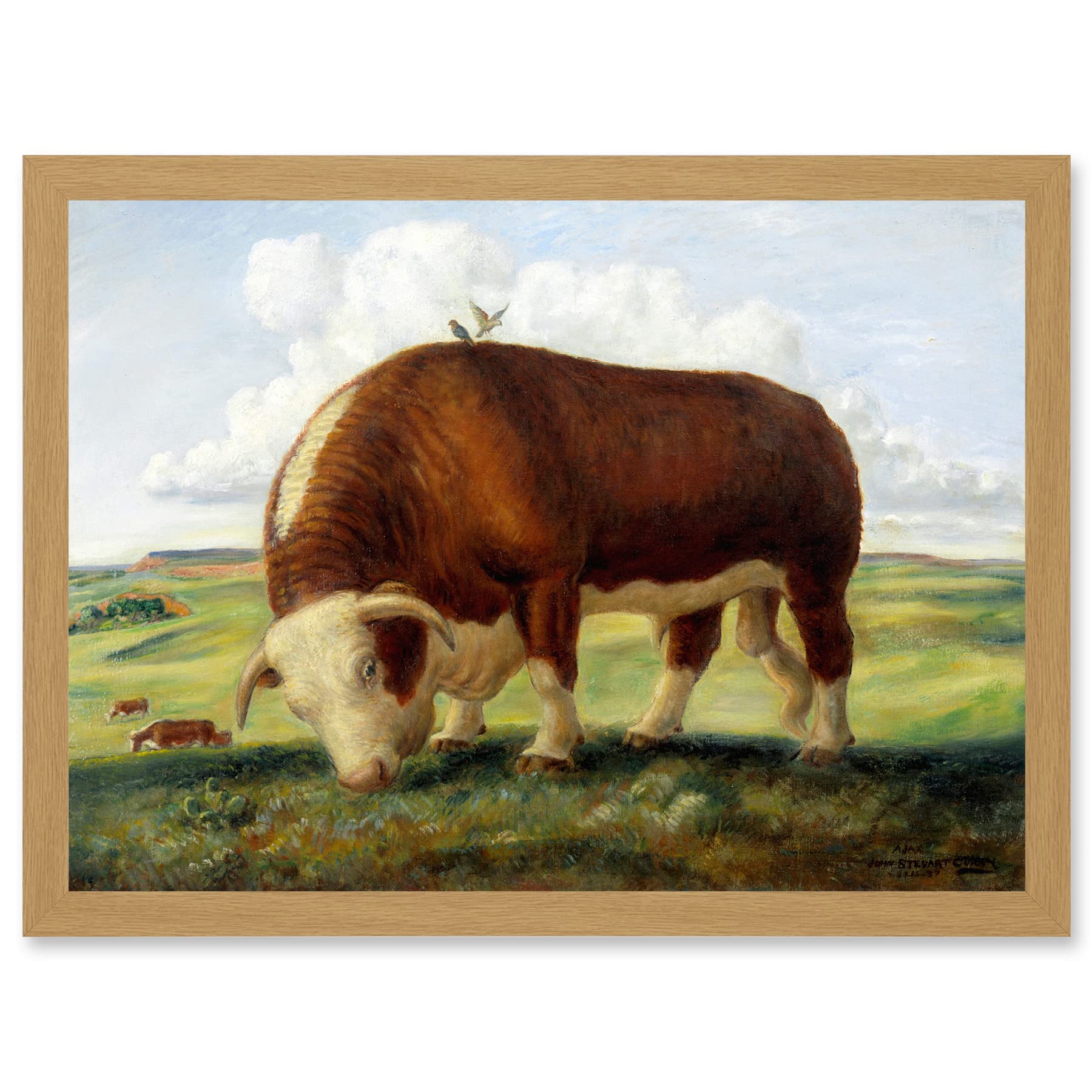 Artery8 Curry Ajax Hereford Bull Cow Birds Landscape Painting Artwork Framed Wall Art Print A4