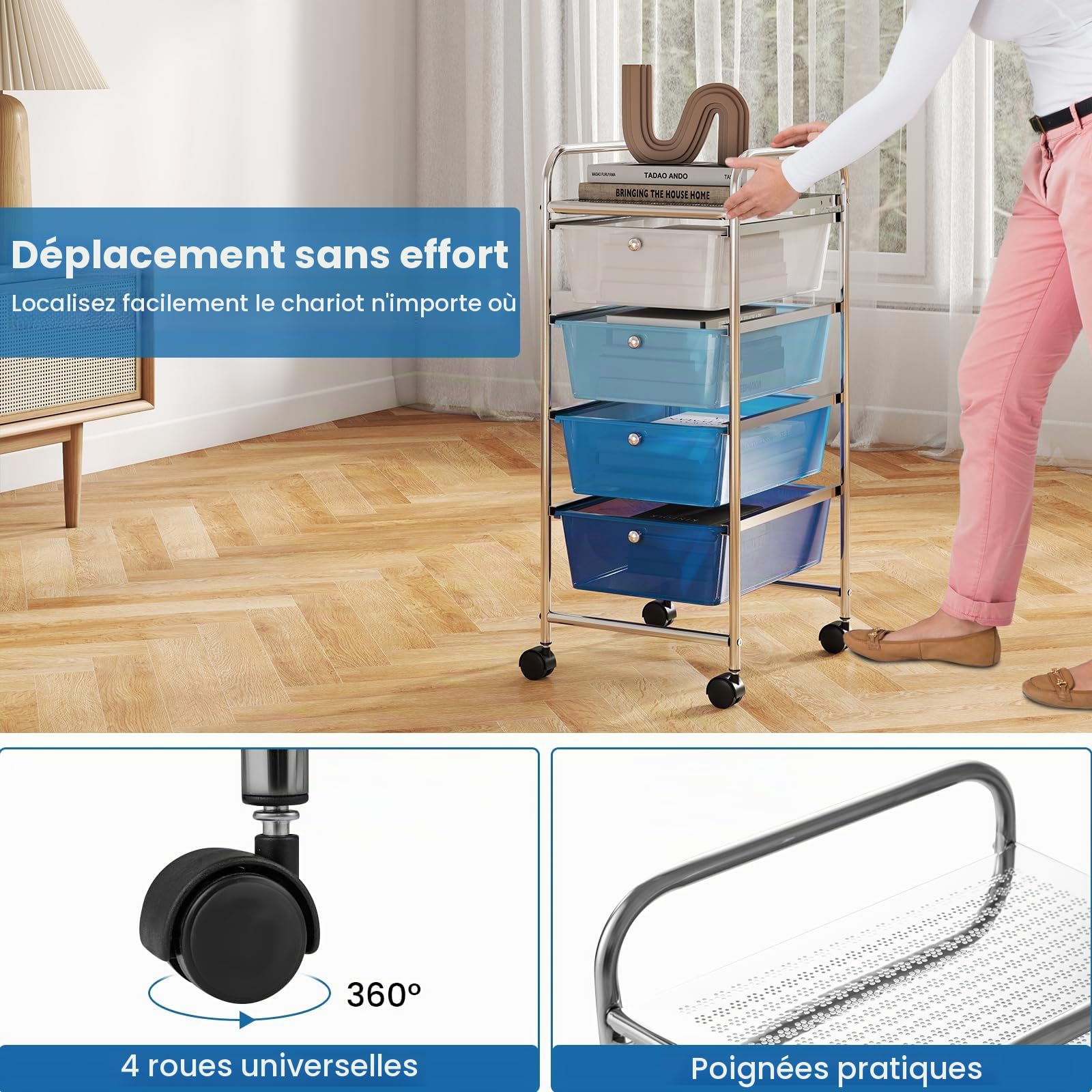 GIANTEX Chariot de salle de bain avec 4 tiroirs empilables - Chariot de rangement pour cuisine, salle de bain, bureau - 32 x 37 x 76 cm - Bleu