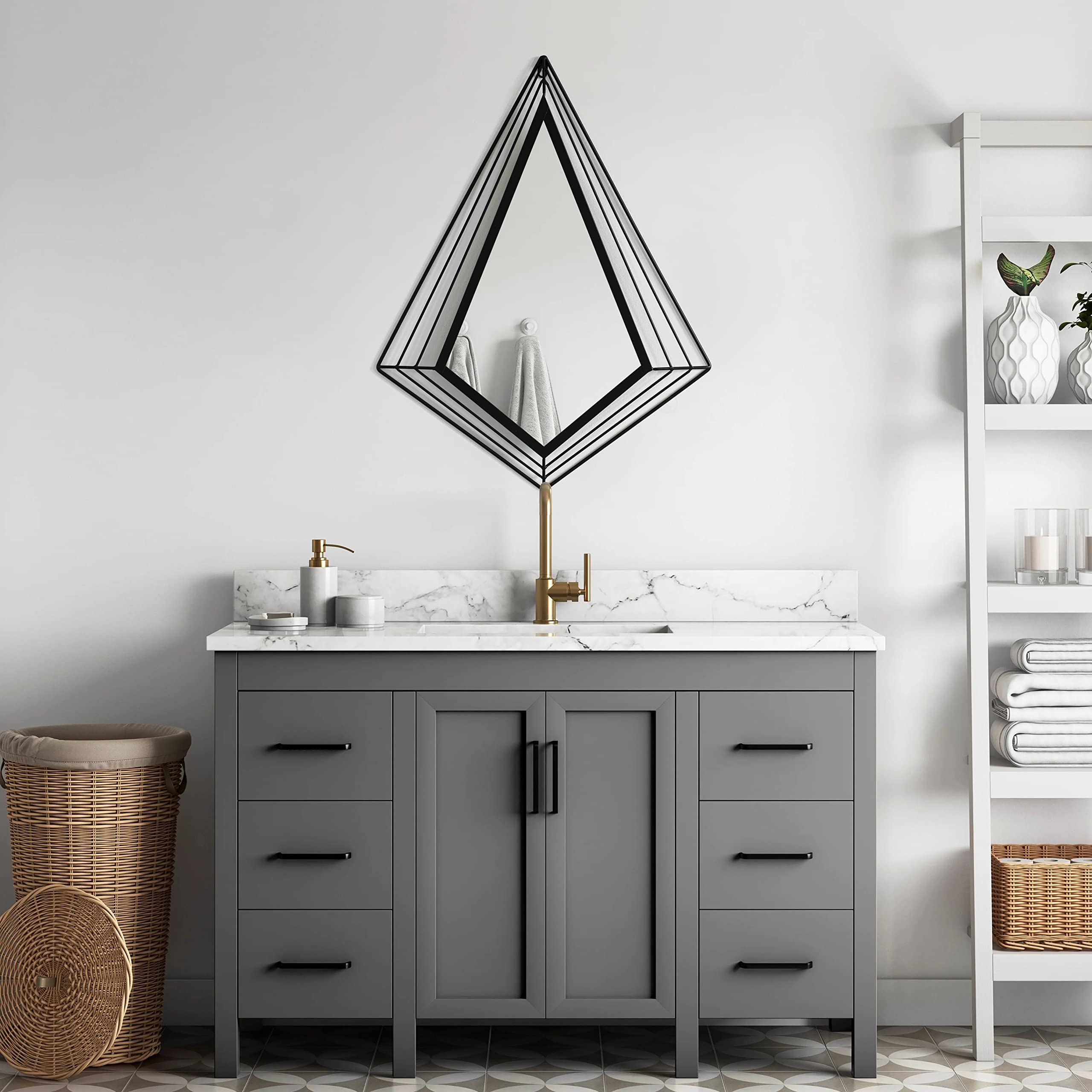 Uniquewise Uniquewise27-Inch-Tall Decorative Tiered Diamond Shaped Black Metal Frame Wall Mounted Modern Mirror - A Stunning Accent for Your Living