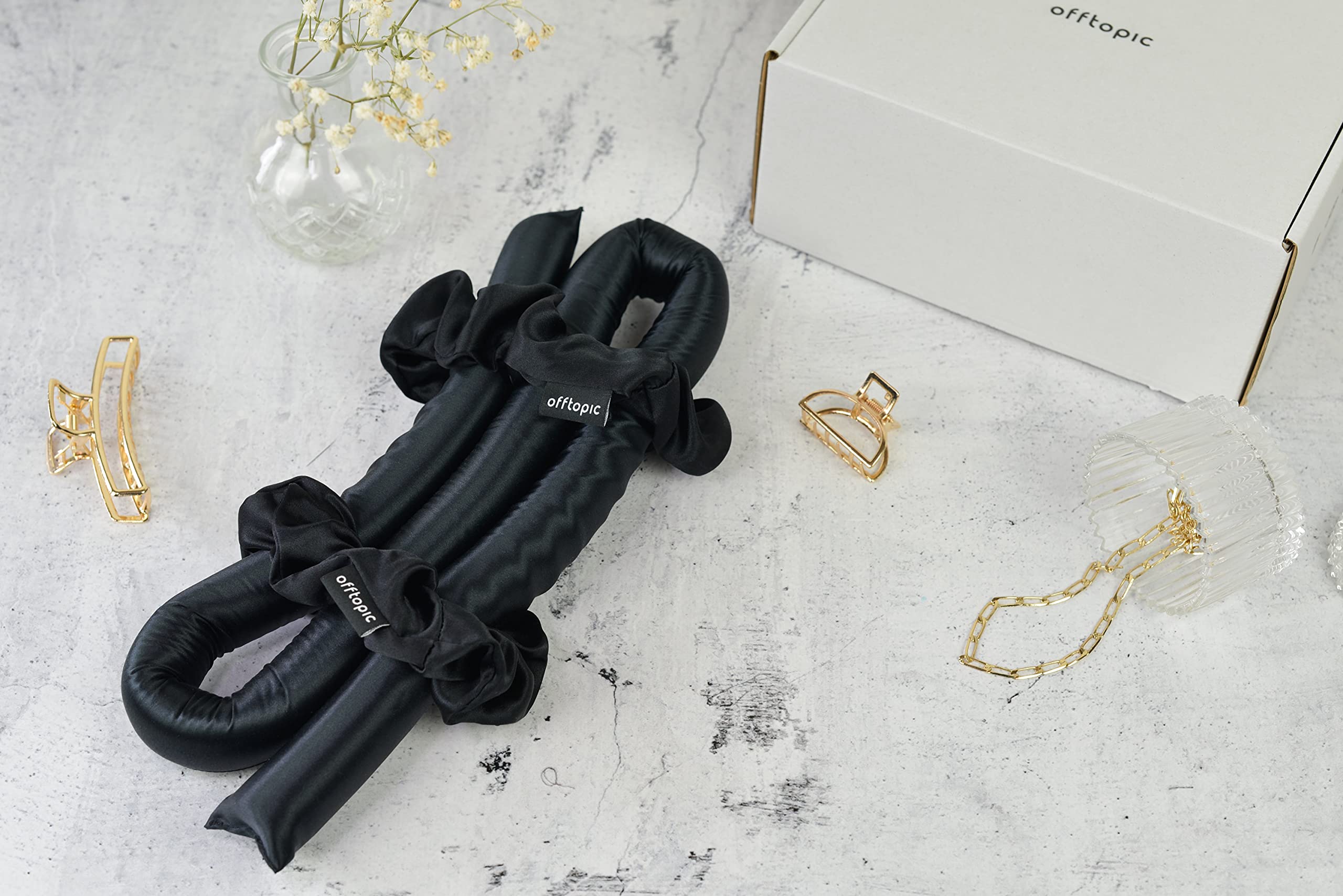OFFTOPIC® Curling Ribbon & 2 Scrunchies in Pura Seta 100% naturale | Nuovo modo di creare Onde Perfette ai Capelli senza rovinarli | Arriccia capelli naturale senza usare piastra | Nero