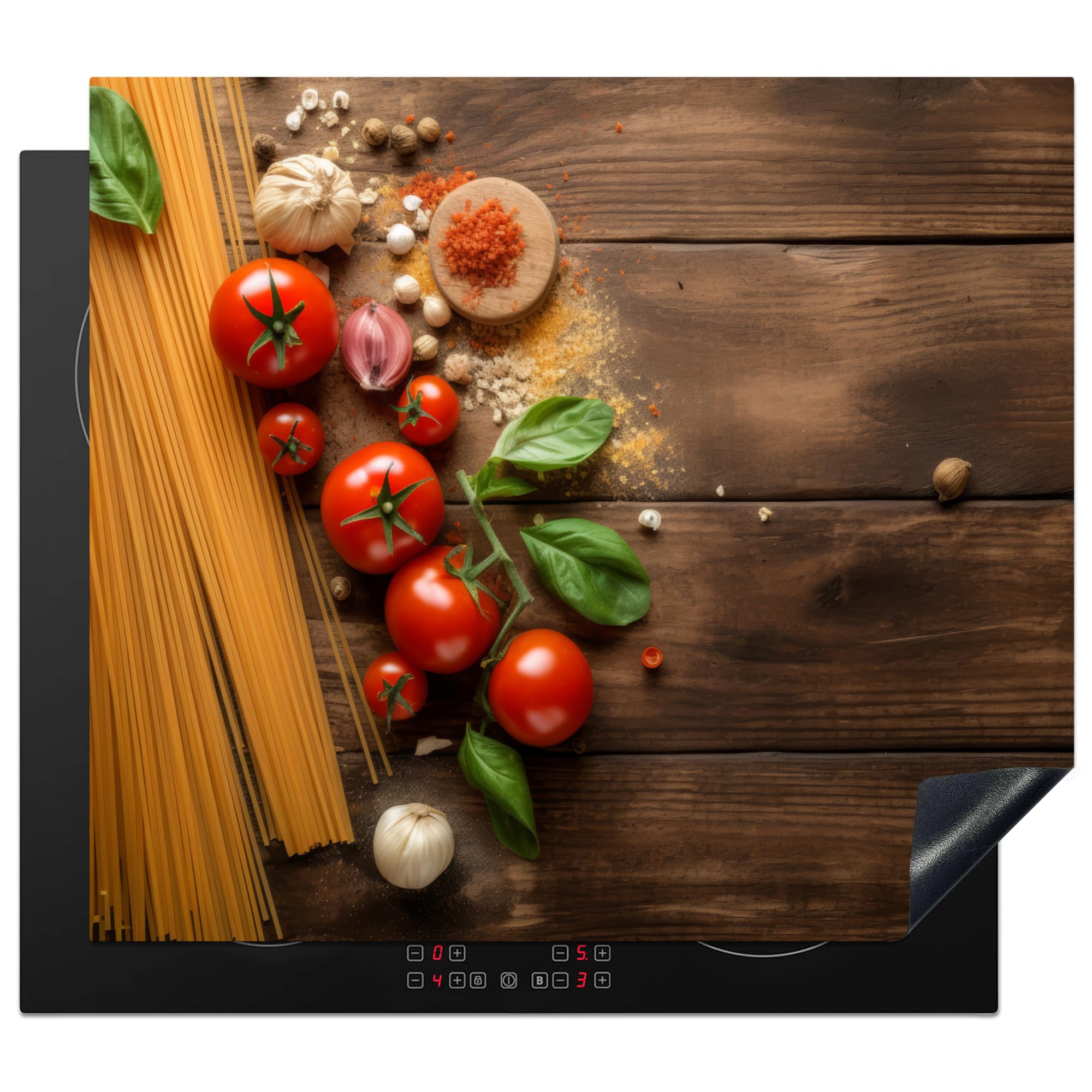 KitchenYeah© Induction Hob Cover Protector Mat 20.2"x22.9" / 58.3x51.3 cm Kitchen Universal Ceramic Covers for Electric Cookers Vinyl Spaghetti - Tomatoes - Spices - Wood Print - Pasta