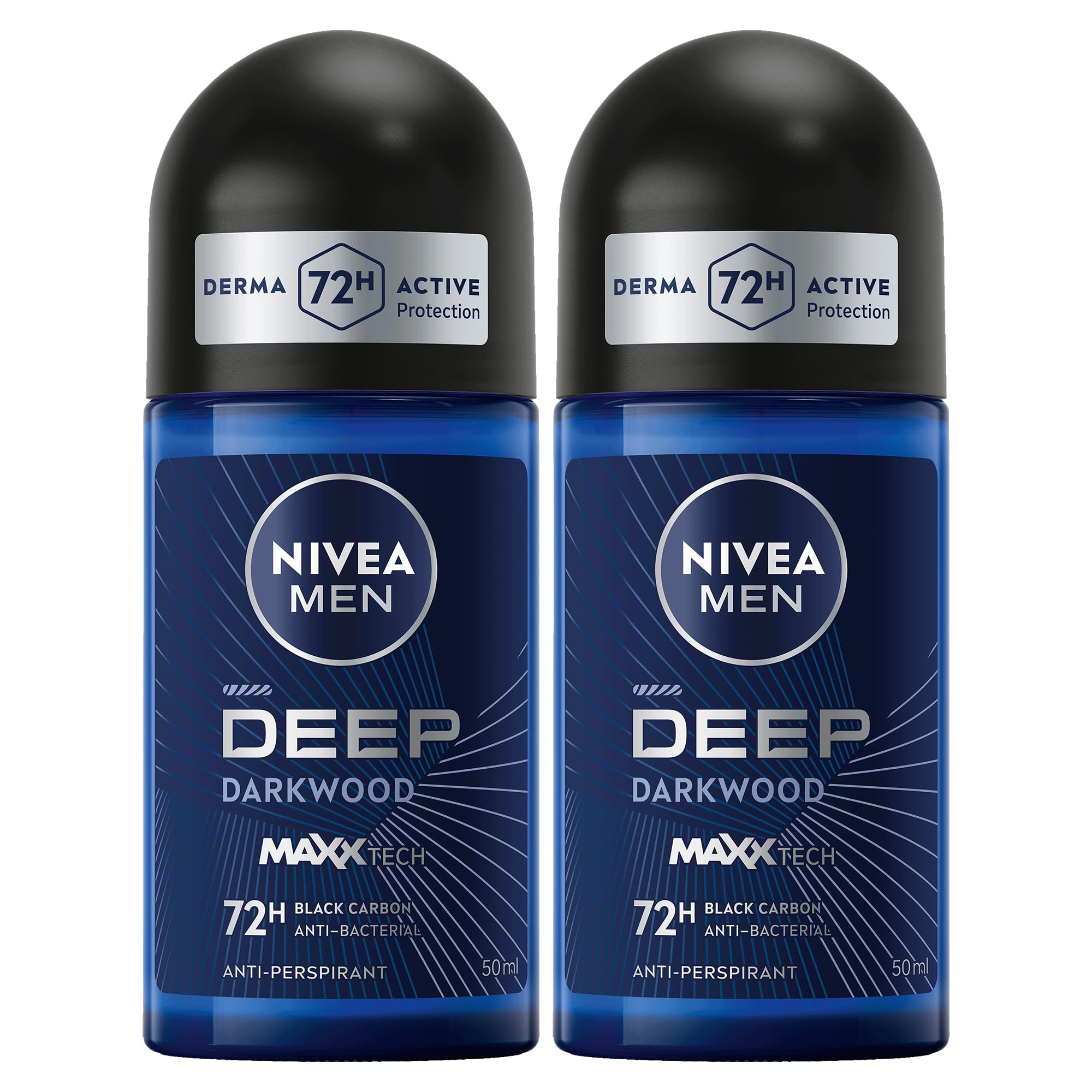 NIVEA MEN Antiperspirant Roll-on for Men, DEEP Black Carbon Antibacterial, Dark Wood Scent, 2x50ml