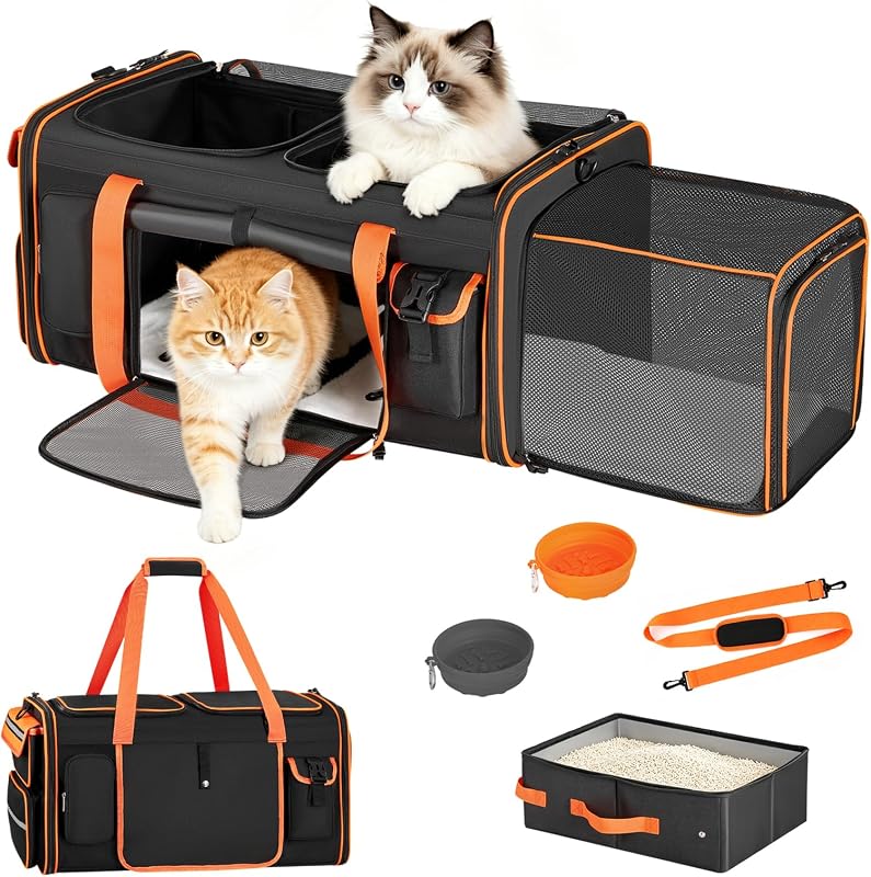 Expandable Cat Carrier for 2 Cats, Soft-Sided Large Dual Carrier | Portable Litter Box, 2 Foldable Food Water Bowls, Removable Divider, Detachable Cozy Pad