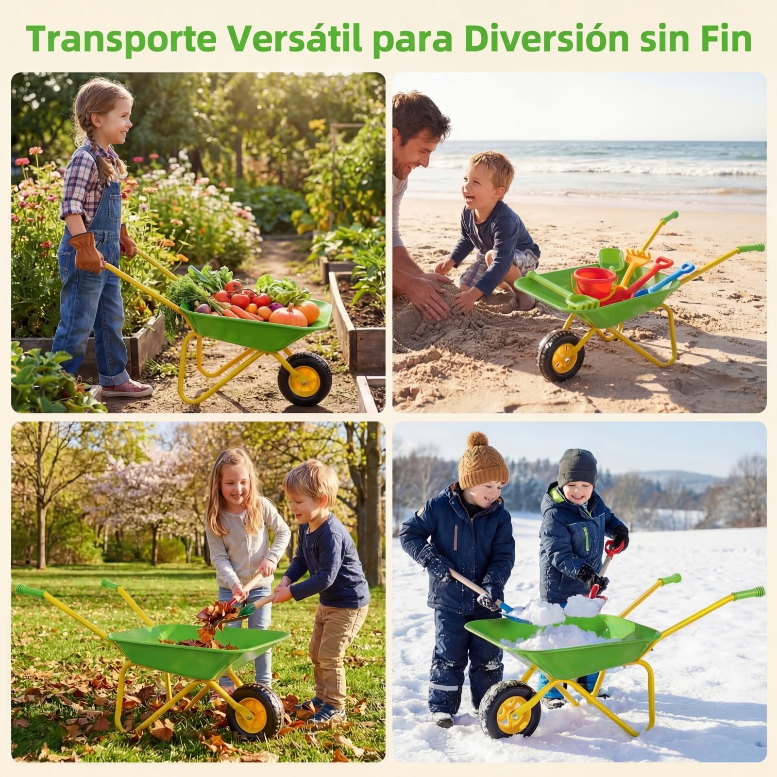 COSTWAY Carretilla para Niños, Carrito de Jardín Infantil con Ruedas Todoterreno, Asas Antideslizantes y Soporte de Aparcamiento Estable, Carretilla de Juguete para Niños de 3+ Años (Verde)