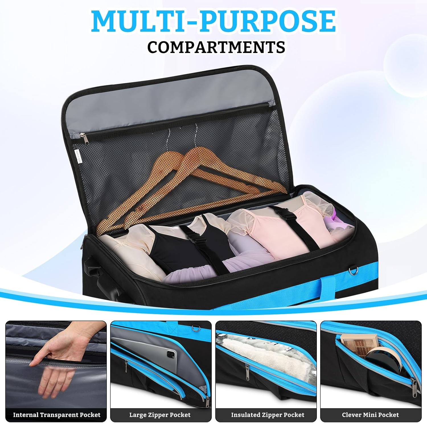 Dance Bag with Garment Rack - 23 Inch Professional Dance Competition Duffle Bag with Rack - Wheeled Dance Suitcase with Multiple Pockets for Dancers, Athlete, Travelers, and Livestreamer