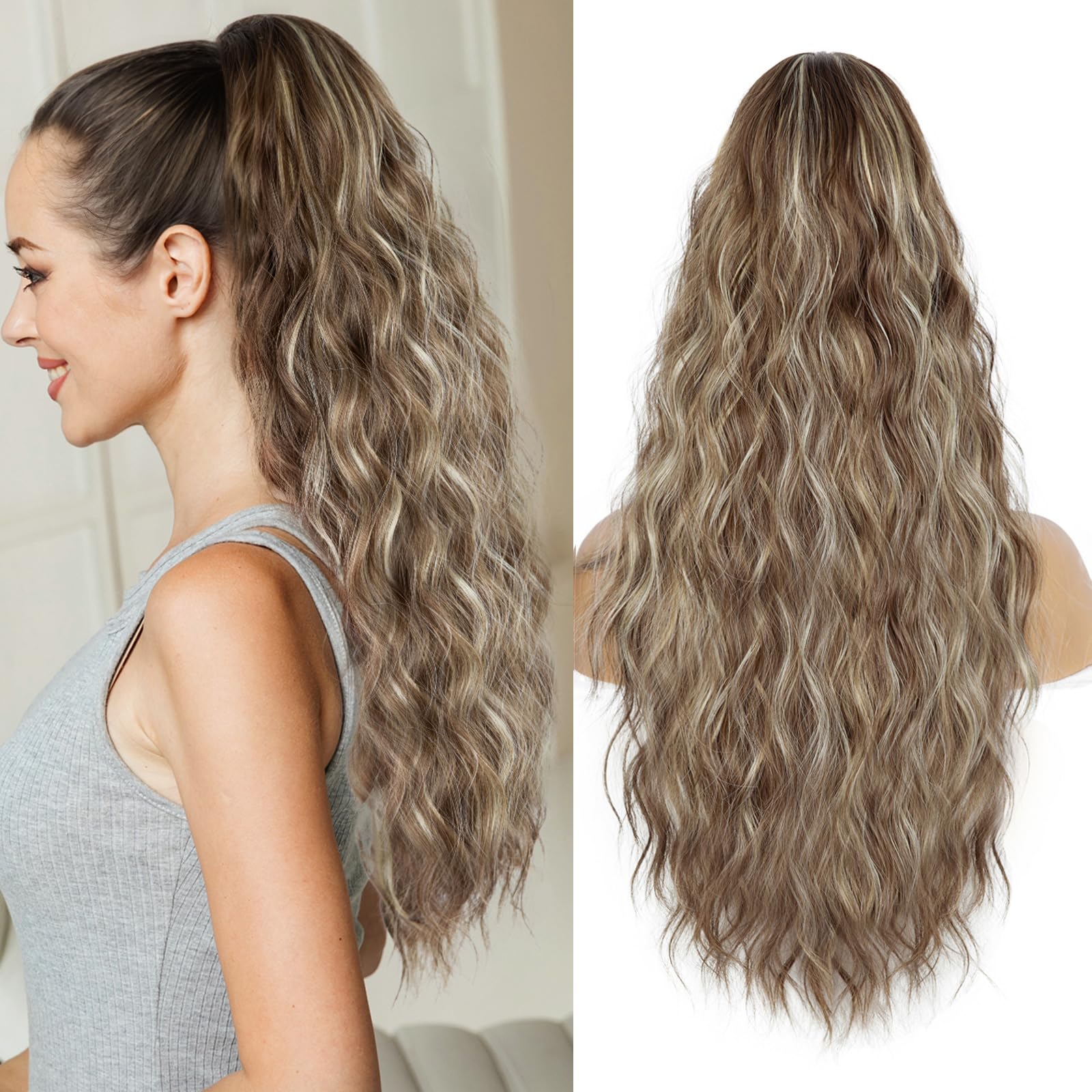 26 Inch Black Ponytail Extension, Drawstring Long Wavy Ponytail Hair Extensions