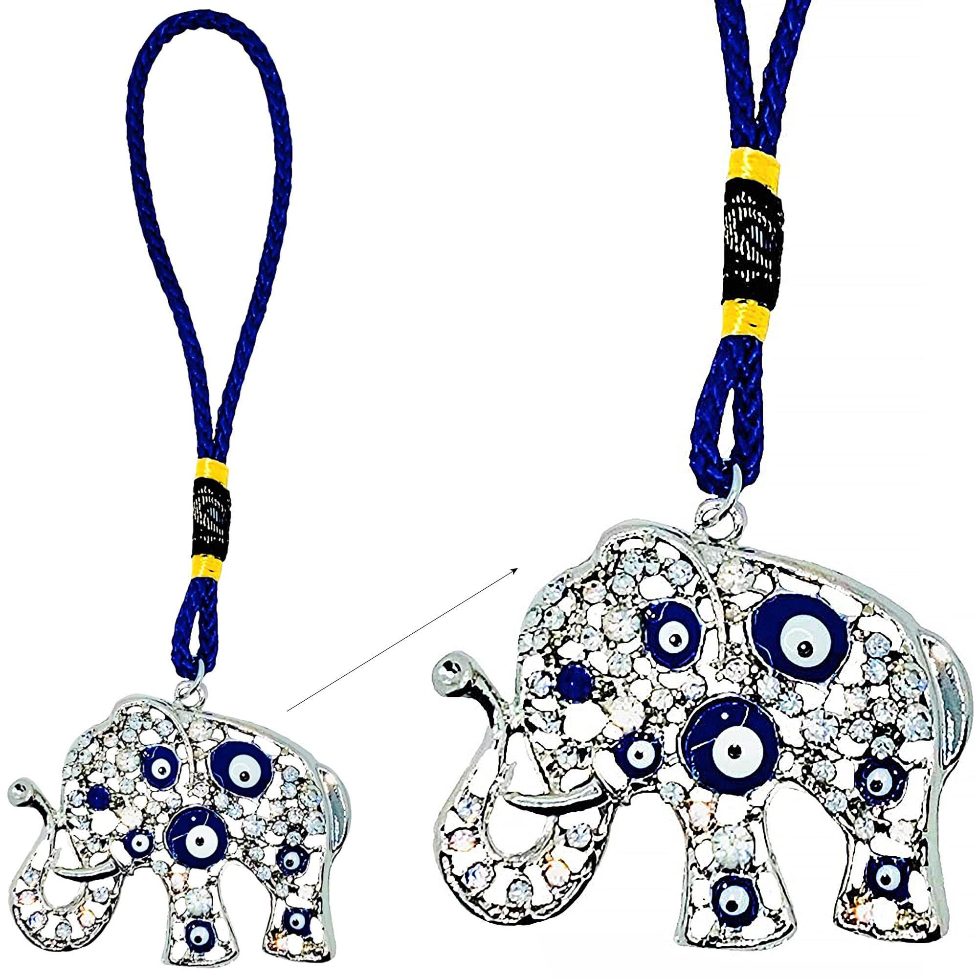 Elegant Silver Elephant Hanging Ornament in Blue Cord - Charm and Sign of Good Luck & Blessing - Home & Office Decorative Accessories - Things To Hang In Your Car Mirror