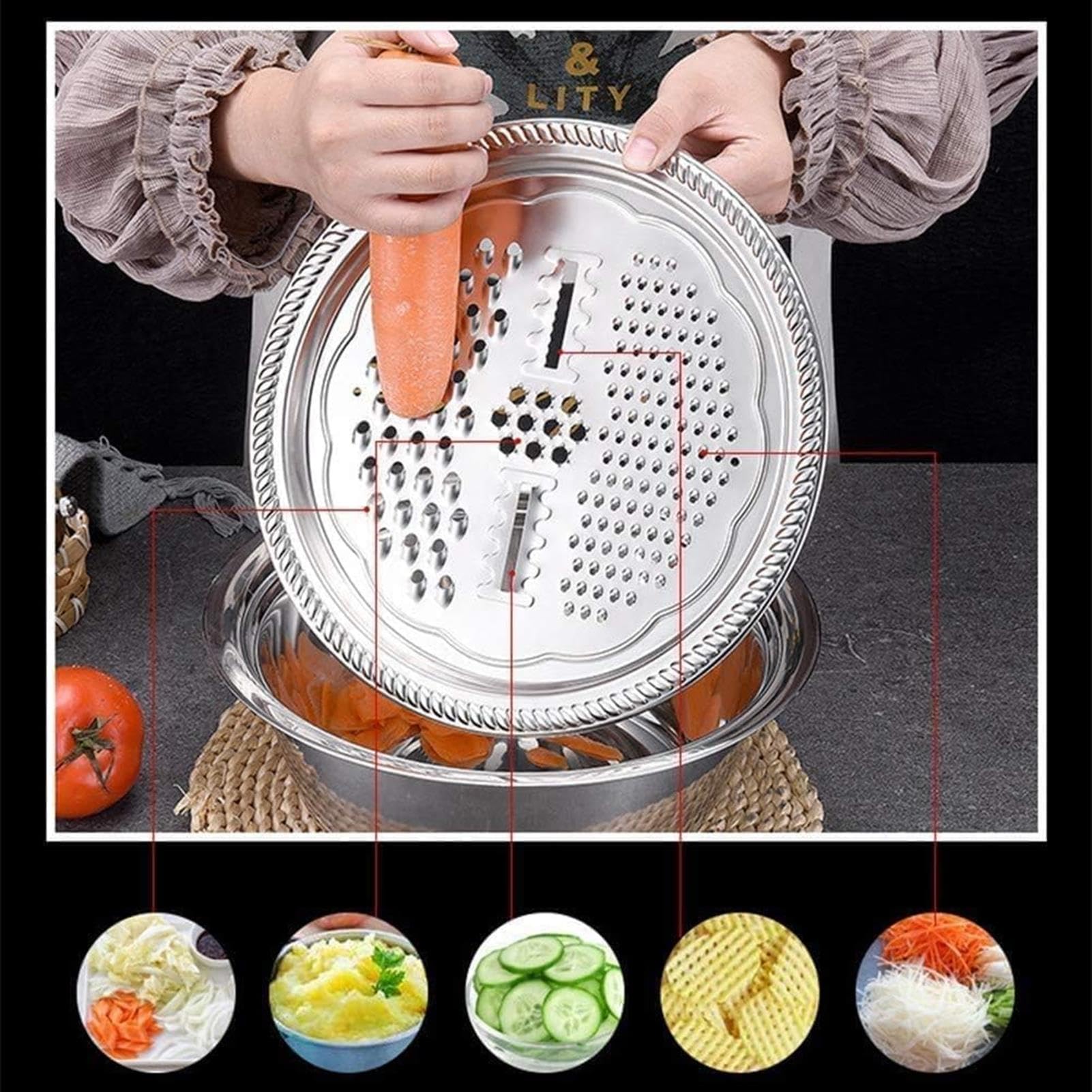 Juego de lavabo de acero inoxidable, colador multifuncional para lavar verduras y arroz, incluye ralladores y ensaladeras, ideal para la preparación de alimentos