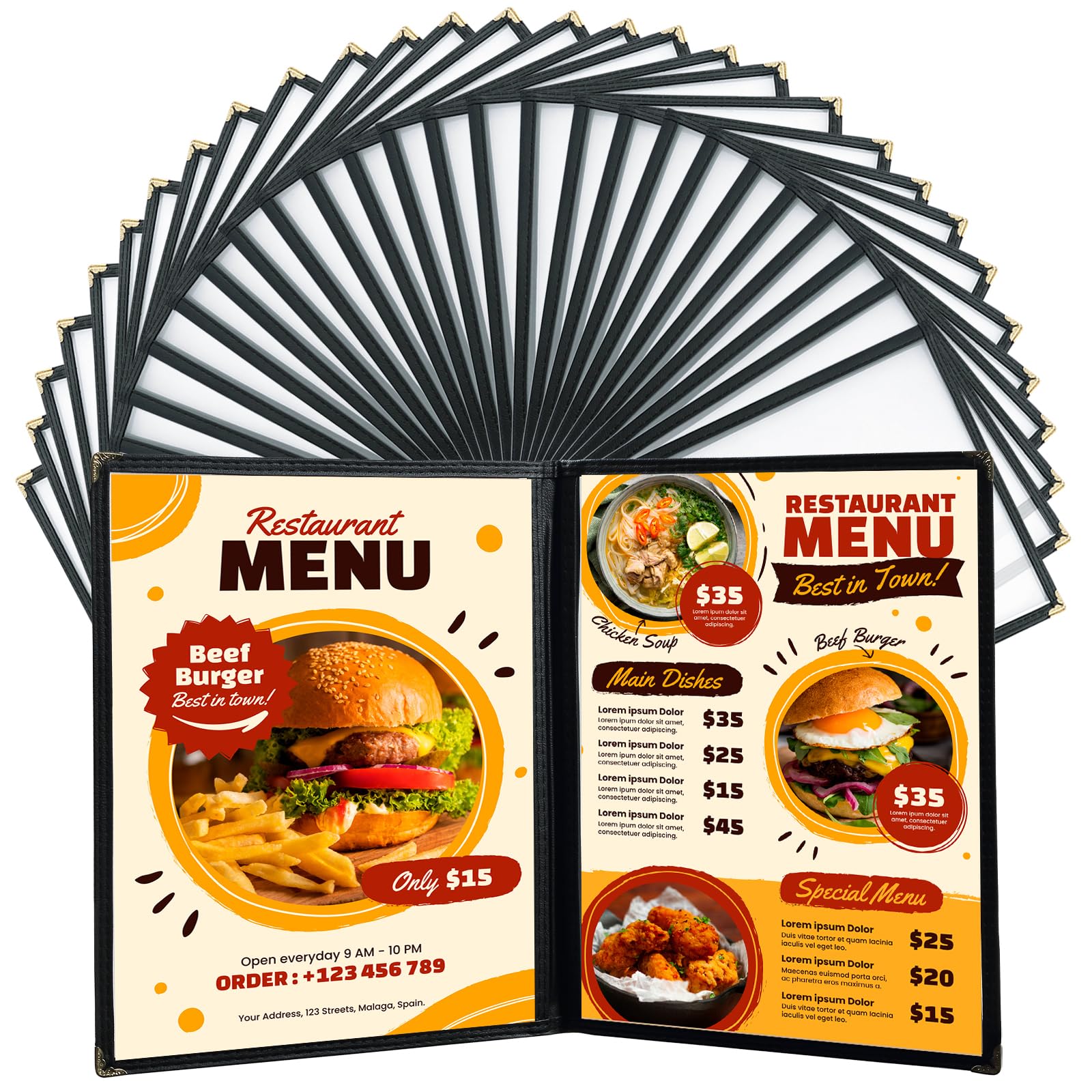 Cubiertas de menú de 8.5 x 11 pulgadas, paquete de 30 fundas transparentes para menú de restaurante para cocina, bebida, vino y menú, color negro (8.5 x 11 pulgadas (2 páginas, 4 vistas))