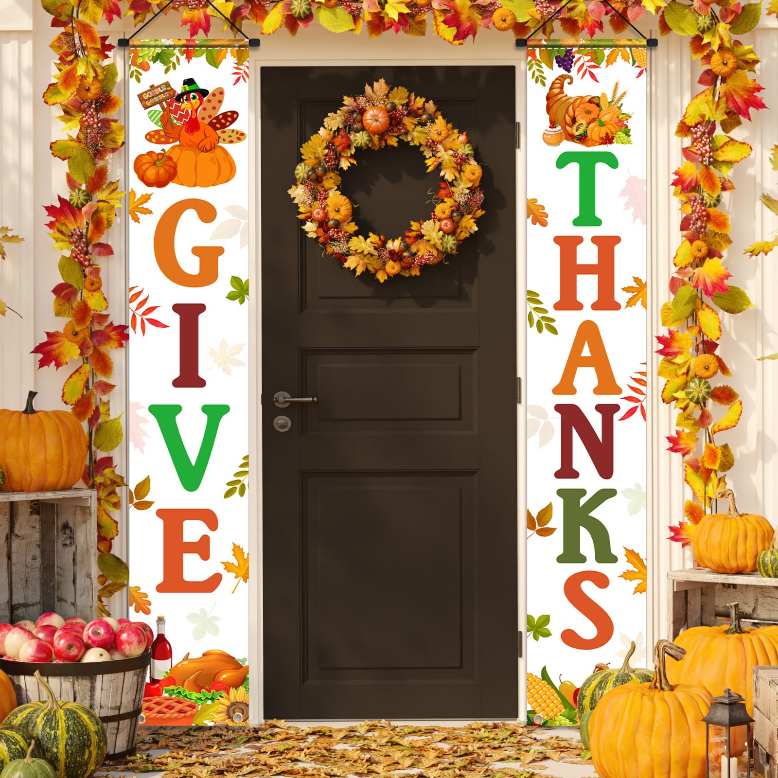 Thanksgiving Door Banner Give Thanks Door Banner Fall Banner Thanksgiving Decorations Harvest Door Banners Fall Porch Sign Give Thanks Photo Booth