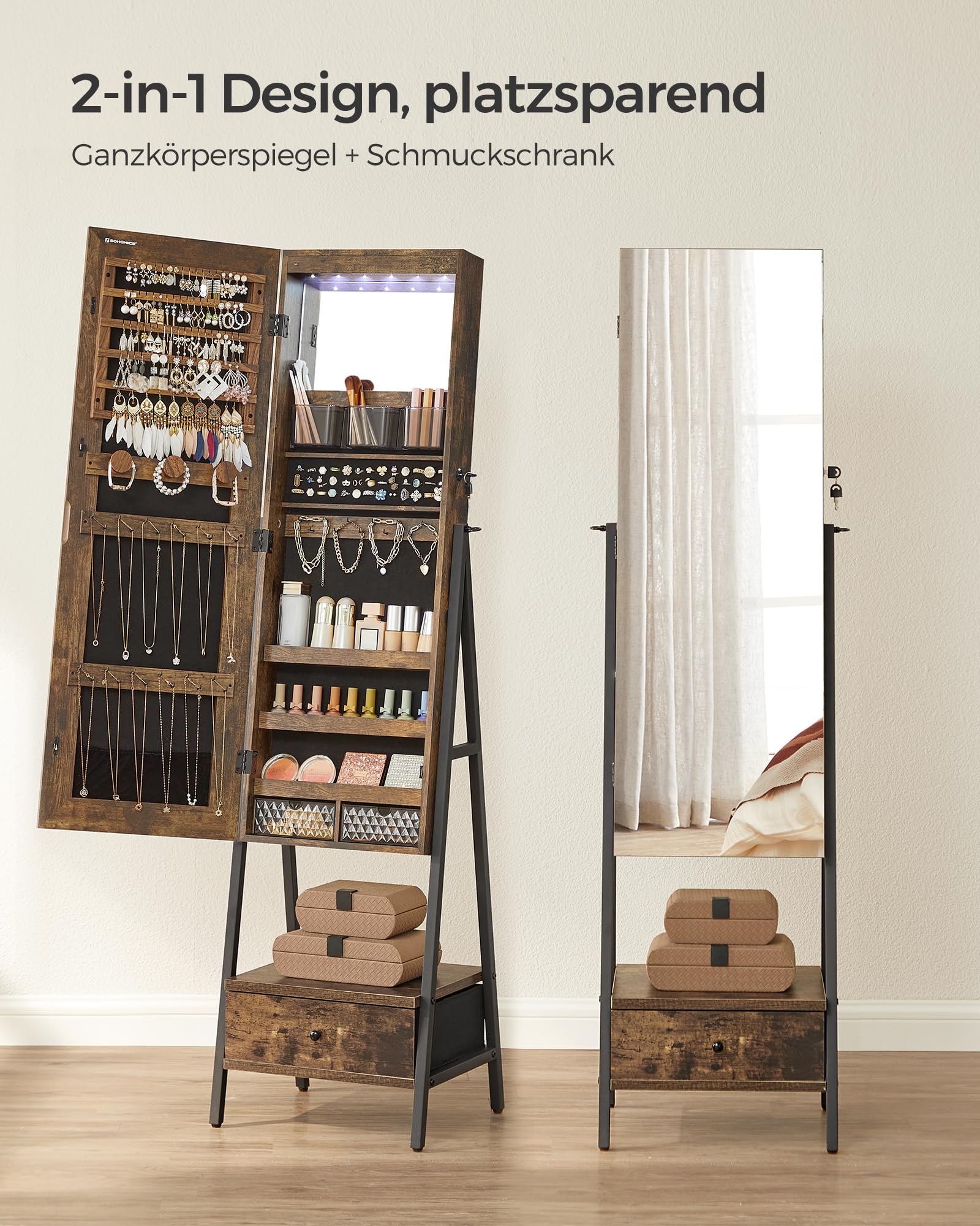SONGMICS Schmuckschrank mit LED-Beleuchtung, Spiegelschrank abschließbar, Ganzkörperspiegel, platzsparend, Schmuck-Organizer, mit Schubladen, Ablagen, Geschenkidee, vintagebraun JJC025X01