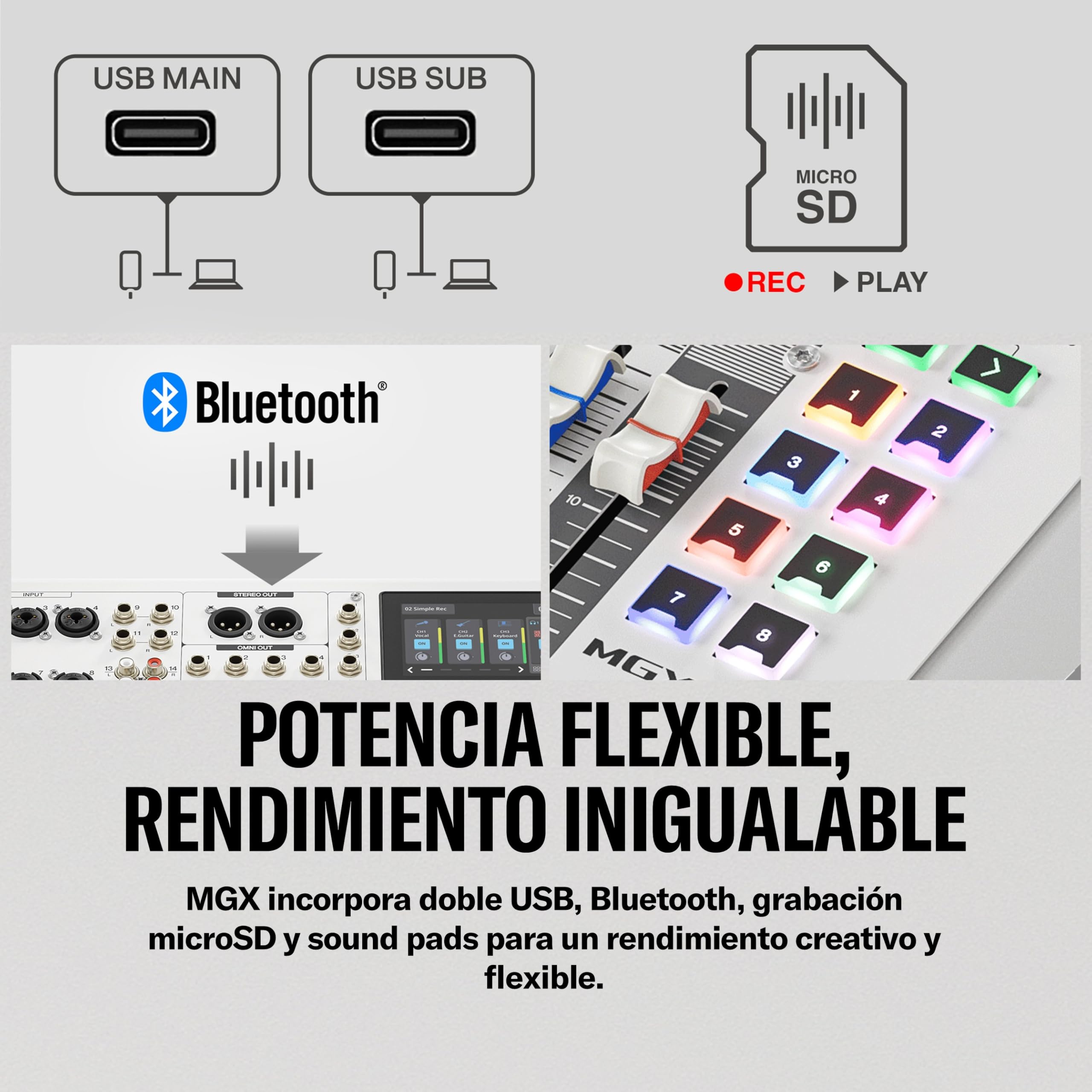 YAMAHA MGX16 Consola de Mezcla Digital con LCD Táctil, Bluetooth, Negro | Mezclador Versátil con Doble USB, microSD y Conectividad E/S Ampliada