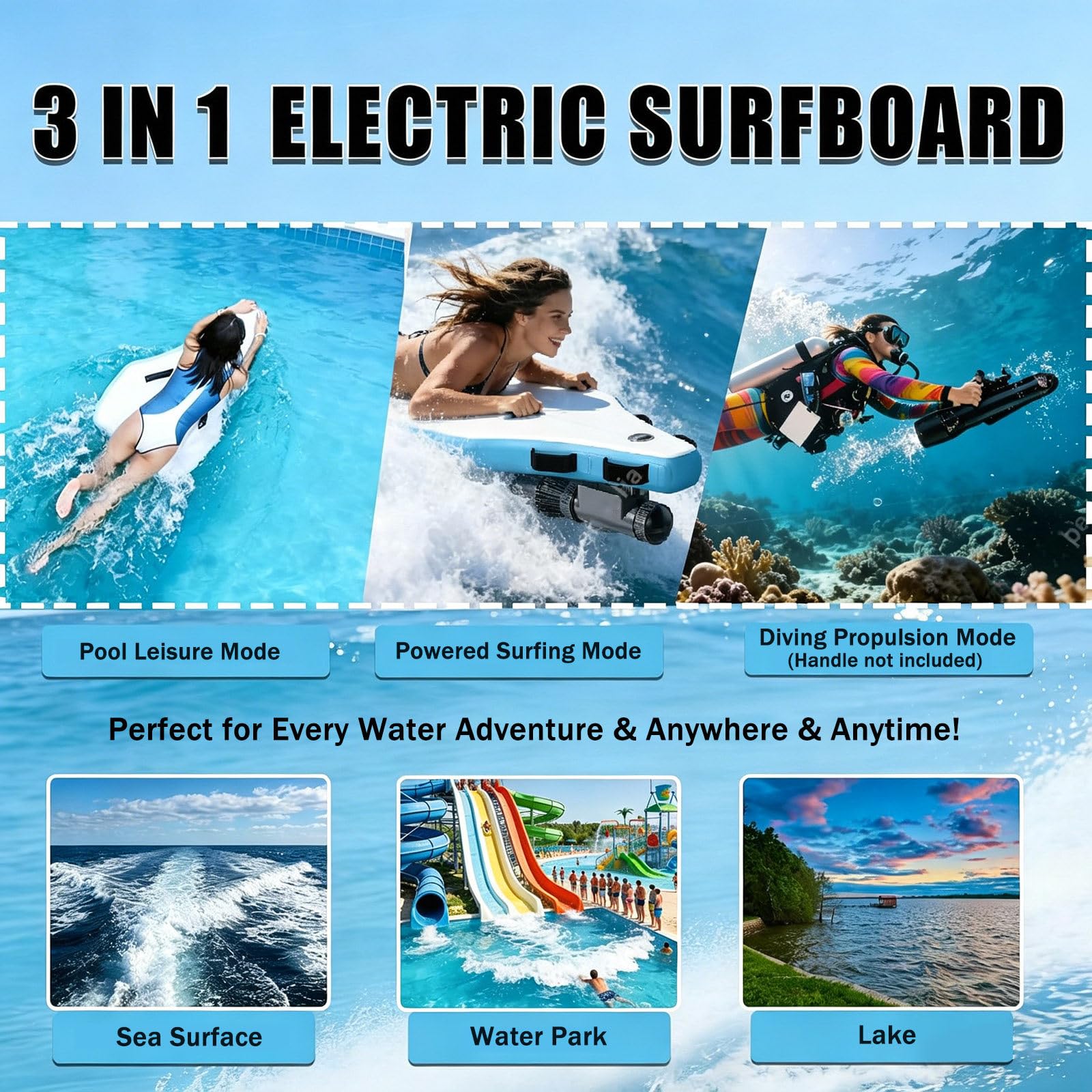 Tabla de Bodyboard Eléctrica e Inflable Portátil, Scooter Subacuático de 500 W 10000 mAh con Autonomía de 40-130 min, 10 Velocidades, 3-7 km/h, Esnórquel y Actividades Recreativas Acuáticas