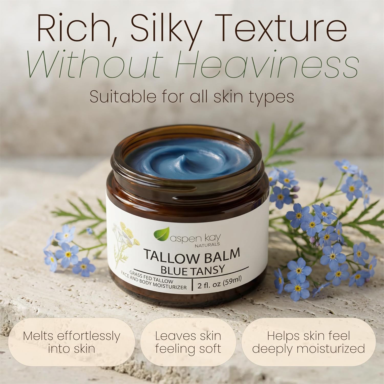 Aspen Kay Naturals Handmade 100% Grass Fed Beef Tallow Balm for Skin Care, With Organic Jojoba Oil + Chamomile (Blue Tansy) Organic Body Butter - 2 fl. oz. Made in USA - Image 3