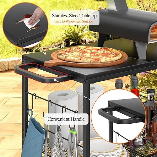 Miniatura 2 de Carritos de parrilla para exteriores, carrito de mesa rodante de 3 niveles para preparación de alimentos, con mesa de acero inoxidable de 23.62