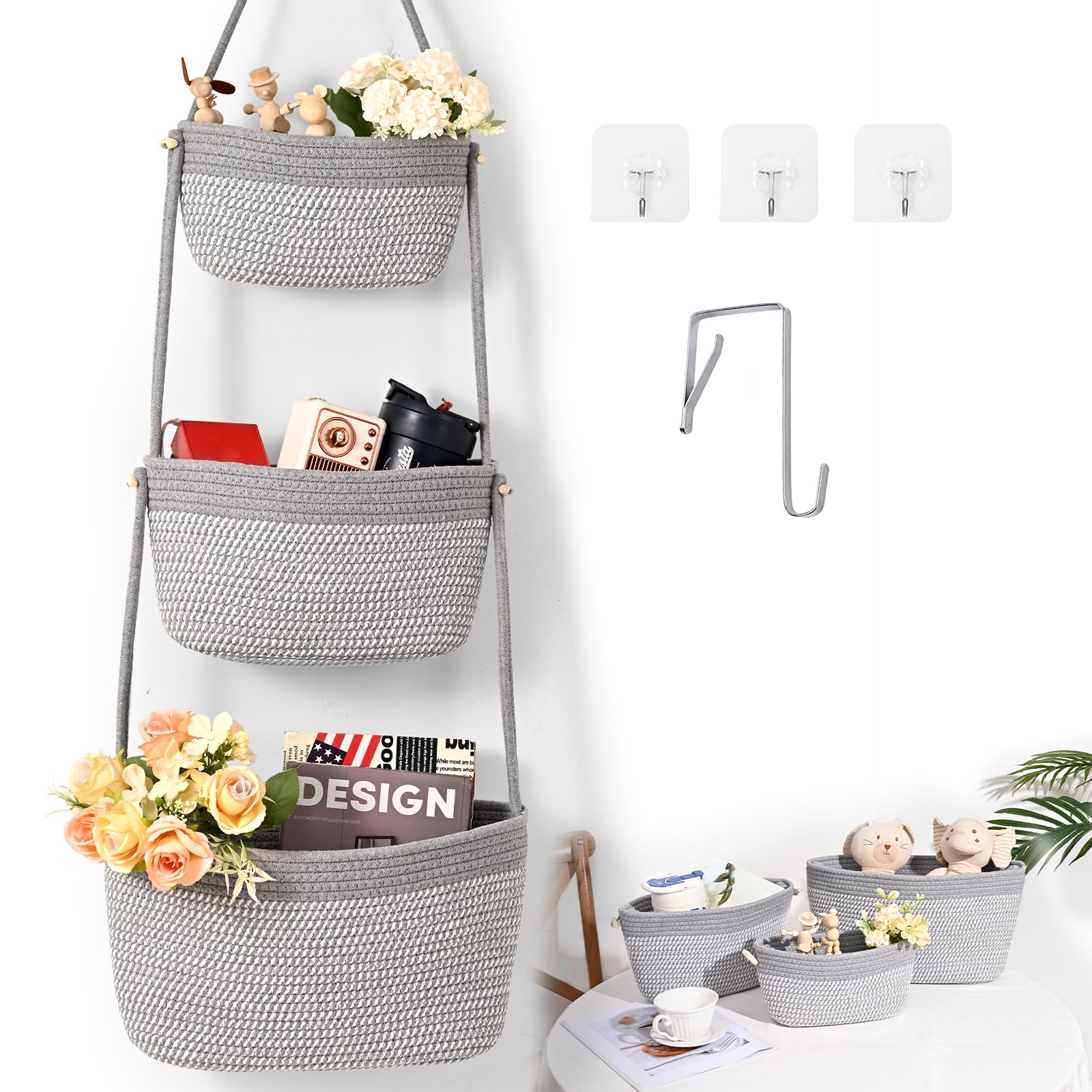 Hanging Basket, 3-Tier Woven Wall Basket with 4 Hooks, Cotton Rope Storage Baskets, Over the Door Organizer for Nursery, Bedroom, Cottage and Boho Wall Decor