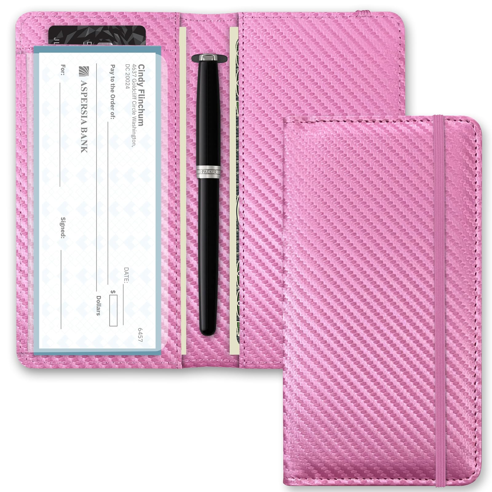Checkbook Cover for Men Women, Premium Leather Checkbook Holder with RFID Blocking and Built in Clear Plastic Divider for Personal and Business Checks (Pink Carbon)
