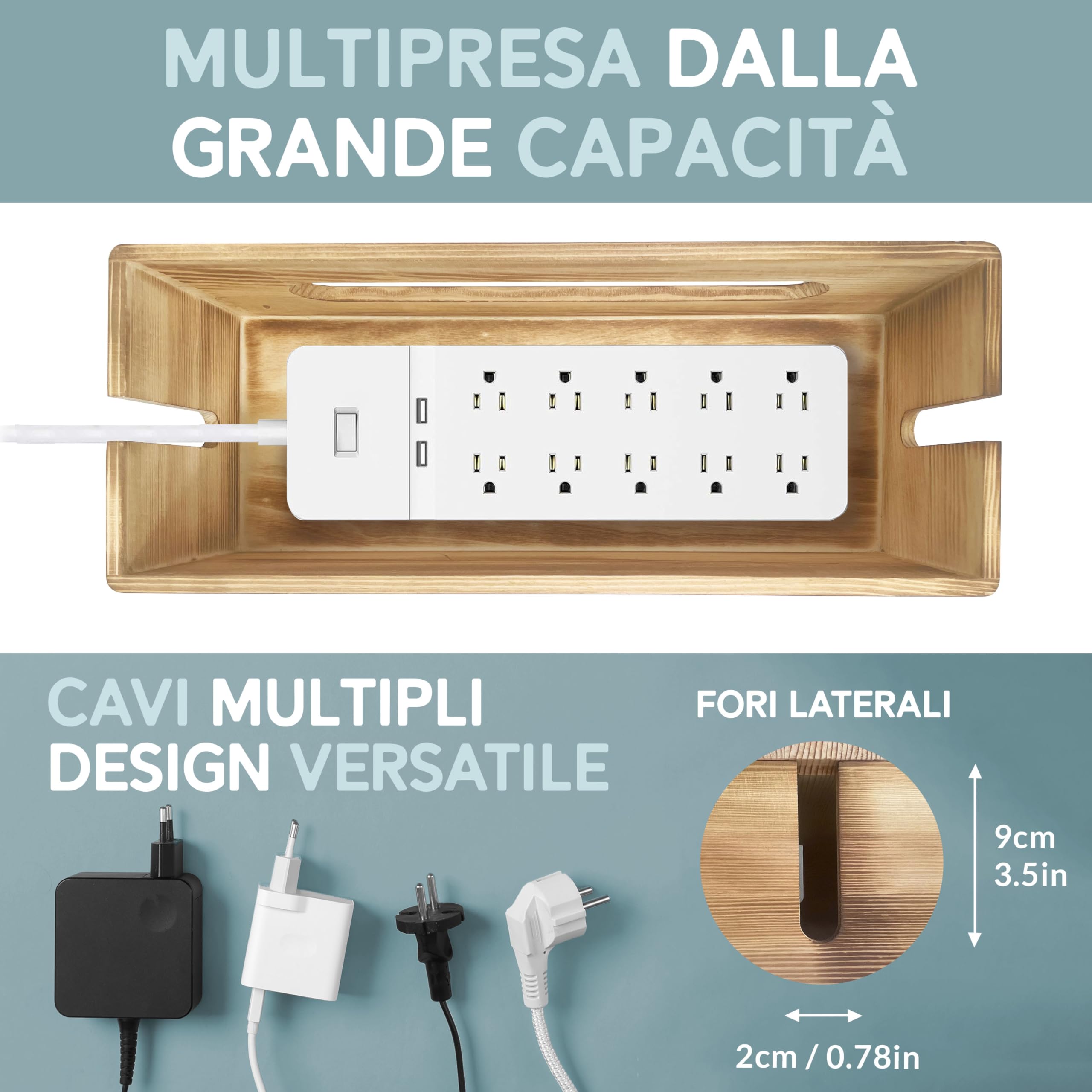 Nature Supplies Set Scatole Raccogli Cavi in Legno di Pino - 1 Scatola Coprifili Media da Scrivania, 1 Cable Box Nascondi Fili Grande da Pavimento (Marrone Scuro)