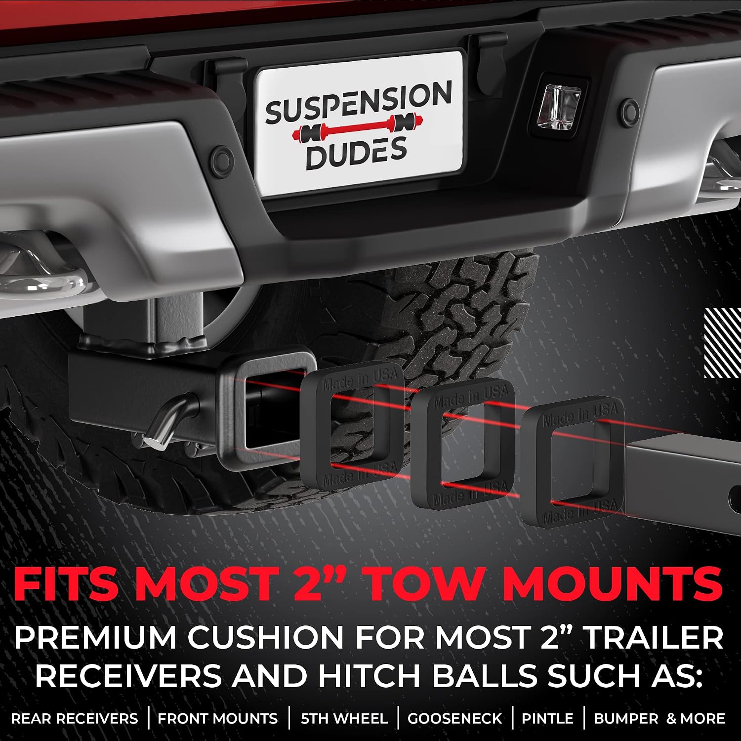 Suspension Dudes 2-inch Hitch Receiver Silencer Pad Reduces Rattle and Noise, Provides Cushion Between Hitch Receiver and Tow Hitches, Made in USA (Black, 3)