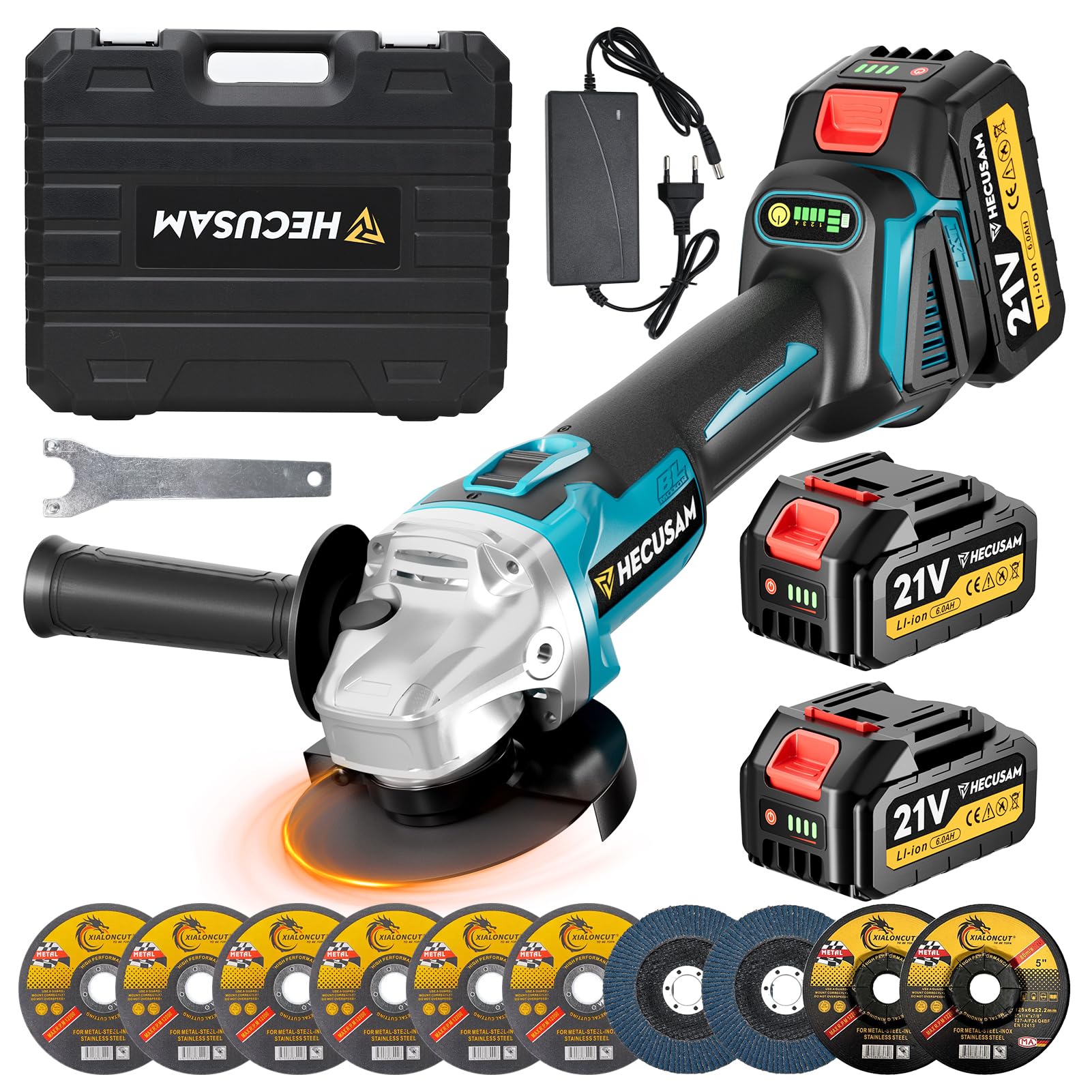 Amoladora angular con batería de 125 mm, juego de amoladora angular Flex con 2 baterías de 4.0 Ah, motor sin escobillas de 1200 W de 4 etapas de regulación 10.500 RPM, 10 piezas de discos de corte