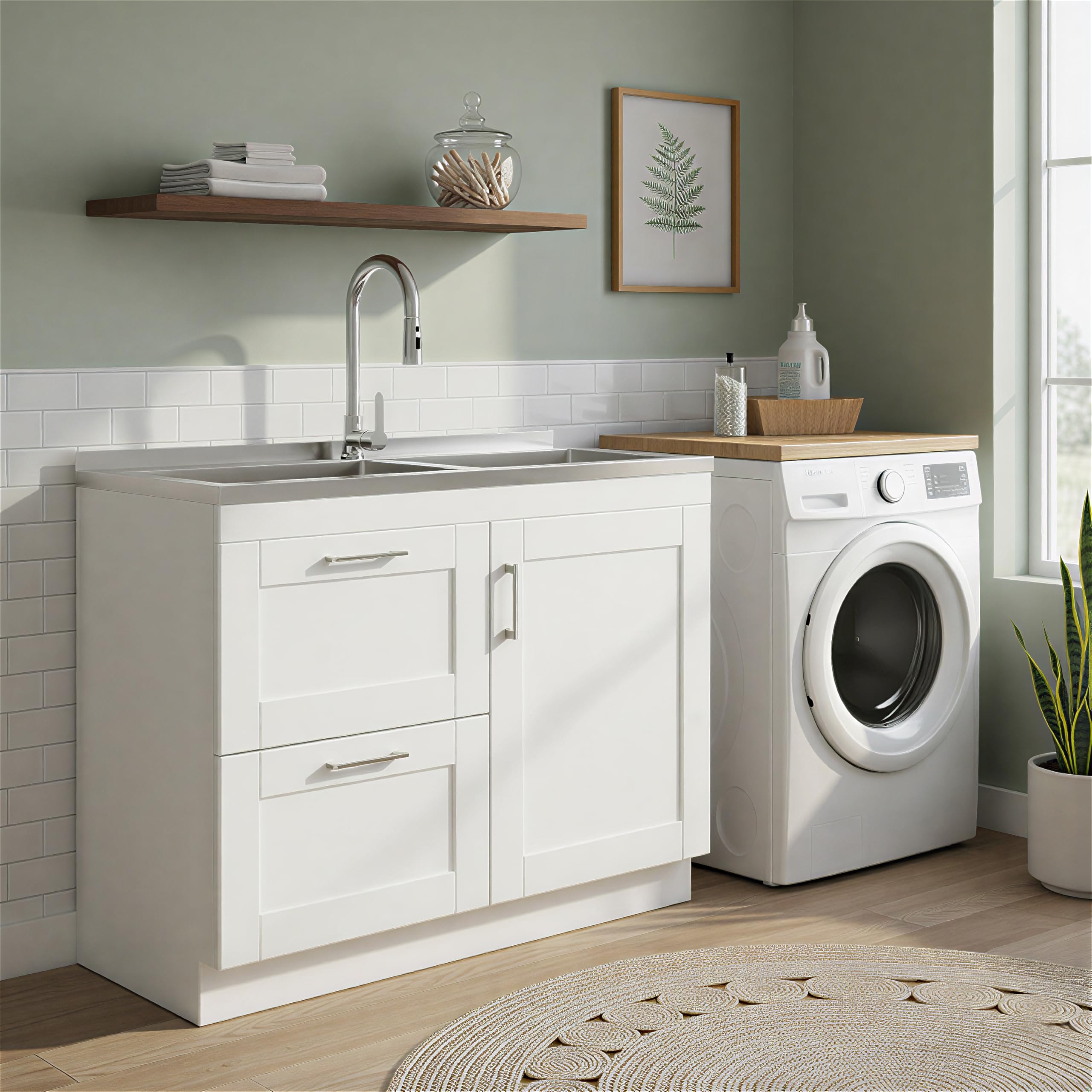 Photo 1 of SIMPLIHOME Modern Wide Shaker All-in-One 46 inch Wide Utility Sink and Laundry Cabinet in Glacier White Finish, Transitional Stainless Steel Sink Cabinet for Laundry Rooms with High-Arch Chrome Faucet