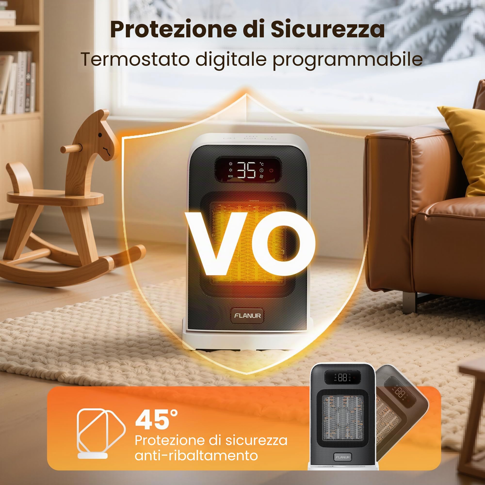 FLANUR Termoventilatore a risparmio energetico, 1500 W PTC, termoventilatore portatile con termostato e modalità ECO, termoventilatore 2 in 1, display digitale, timer da 12 ore, riscaldamento